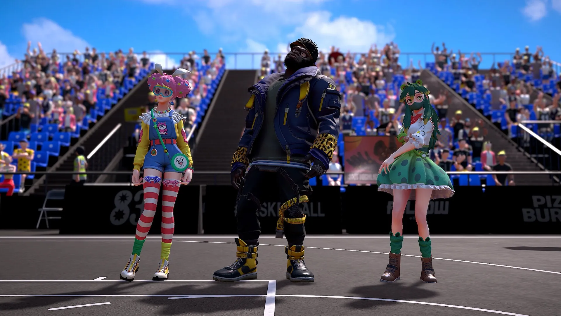 FREE DUNK: Three colorful characters stand confidently on a vibrant basketball court in front of a cheering crowd.