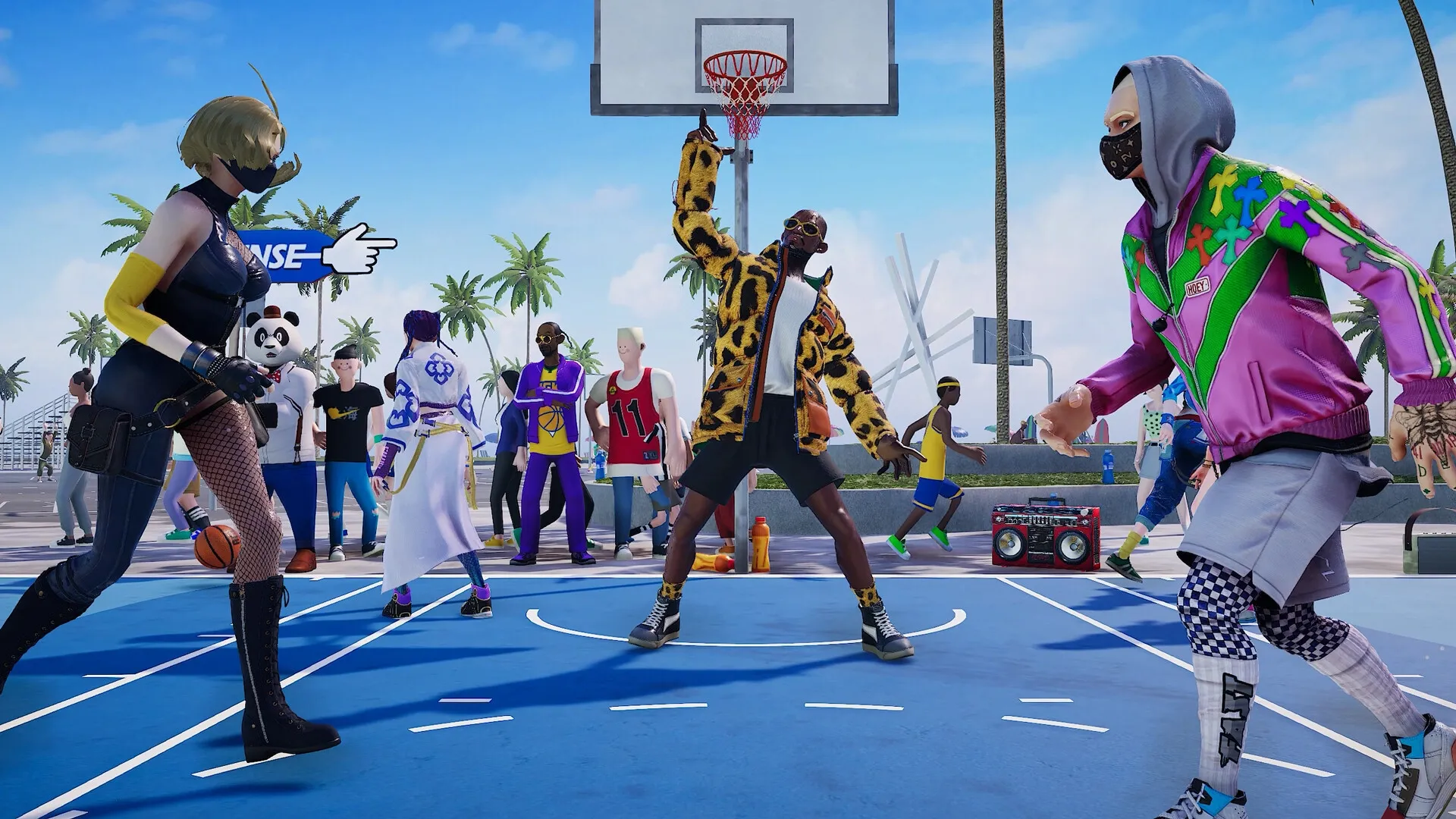 FREE DUNK: Players in colorful outfits on a vibrant outdoor basketball court with cheering crowd