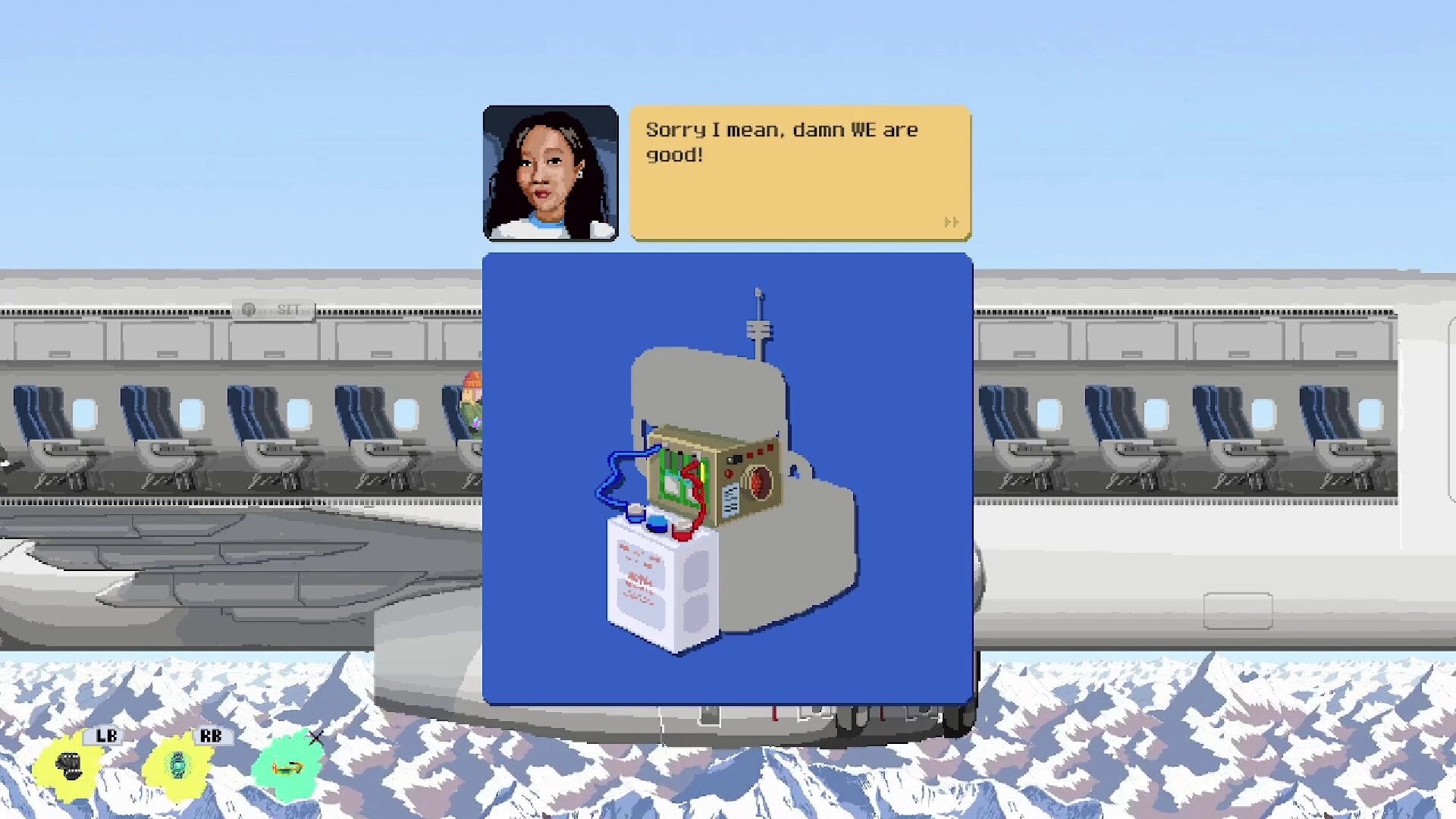 Freefall '95: Dialogue with character and device interface on airplane with mountain view outside