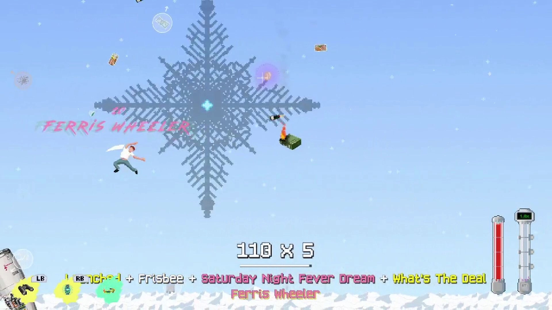 Freefall '95: Character Ferris Wheeler dodging debris mid-air against a giant snowflake backdrop