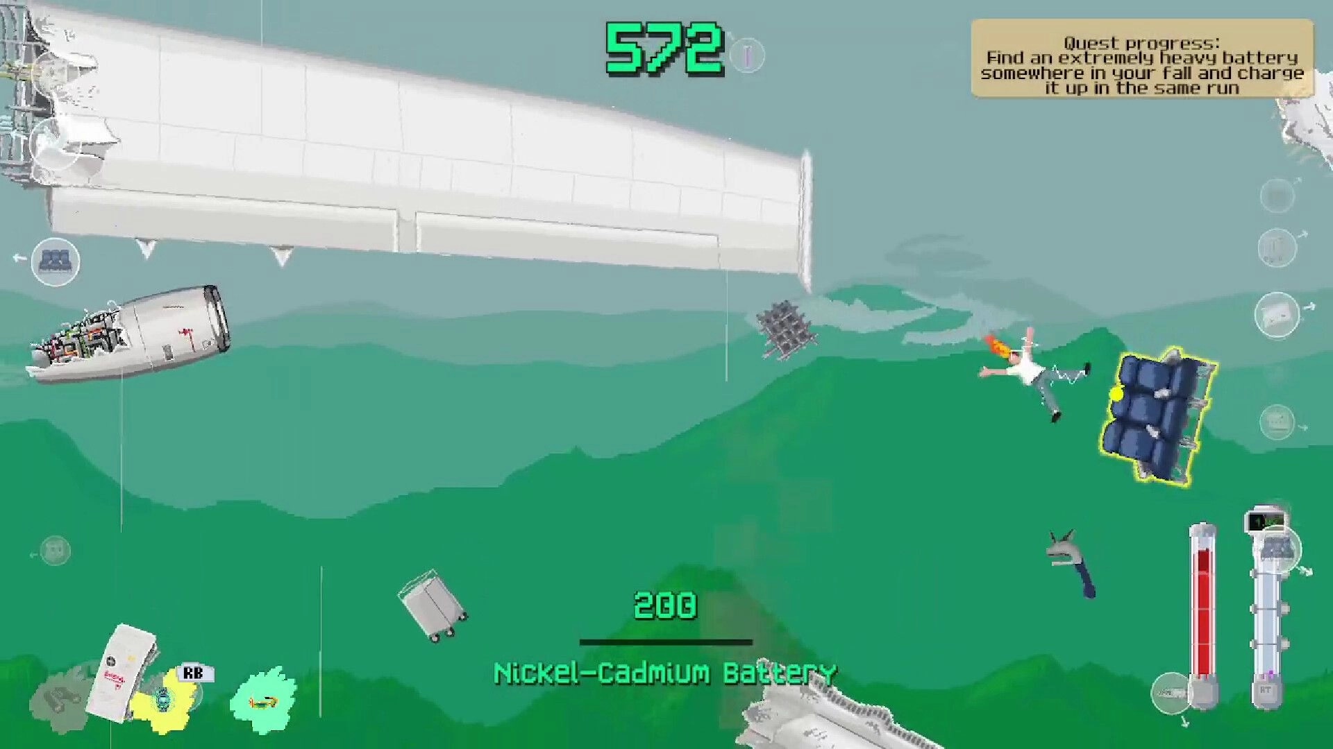 Freefall '95: Mid-air character dodging debris near plane wreckage with quest text and UI elements visible