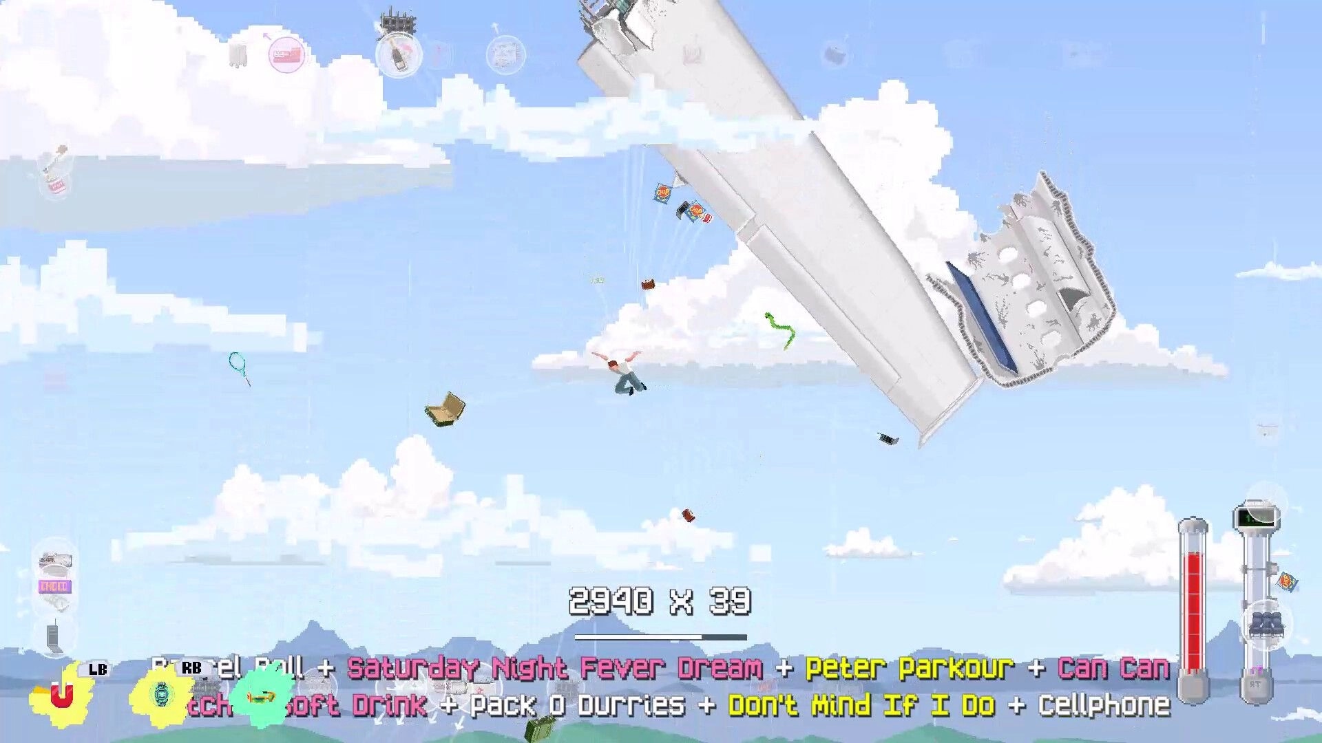 Freefall '95: Passenger freefalls amidst debris from a plane against a bright blue sky with clouds.