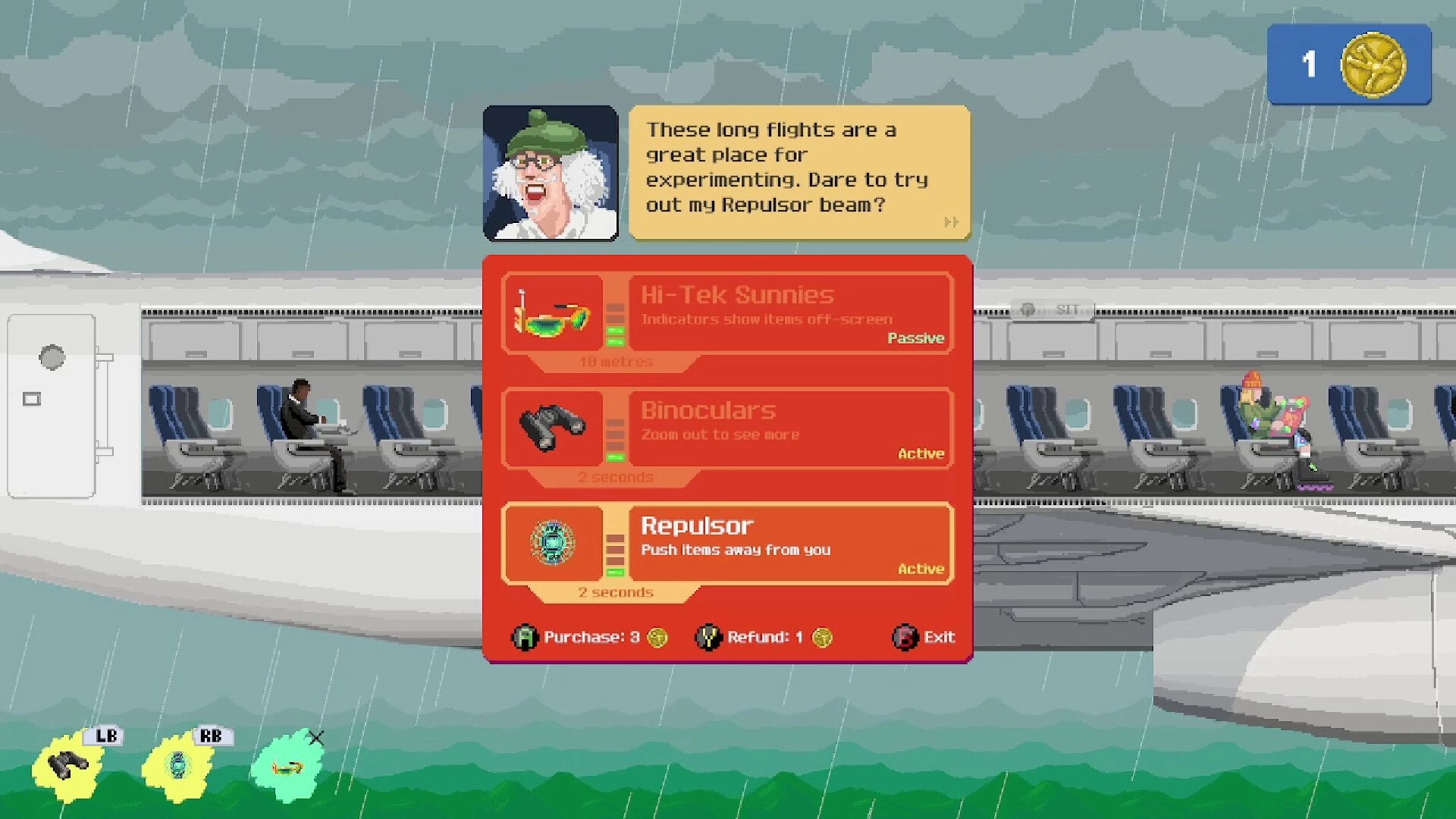 Freefall '95: In-flight upgrade menu with items like Hi-Tek Sunnies and Repulsor, set against rainy skies.