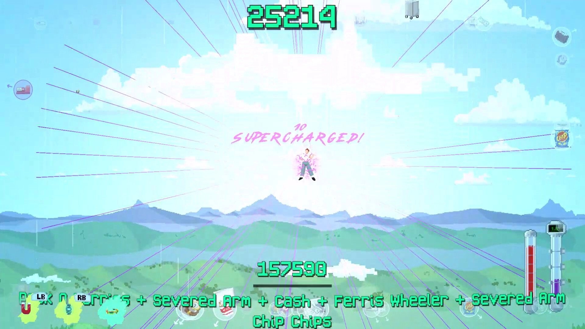 Freefall '95: Supercharged character soaring over mountains with score and inventory items displayed