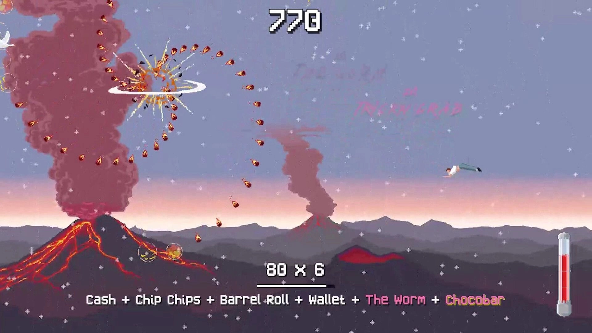 Freefall '95: Player dodging debris over erupting volcano in sky, scoring combos, gaining points