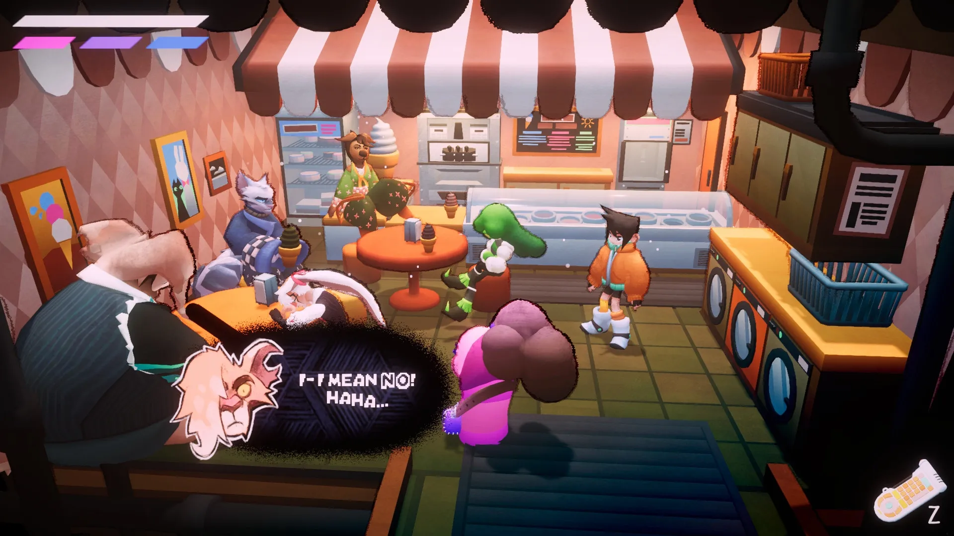FREERIDE: Characters gather in a cozy diner, engaging in conversation with ice cream and decor around.