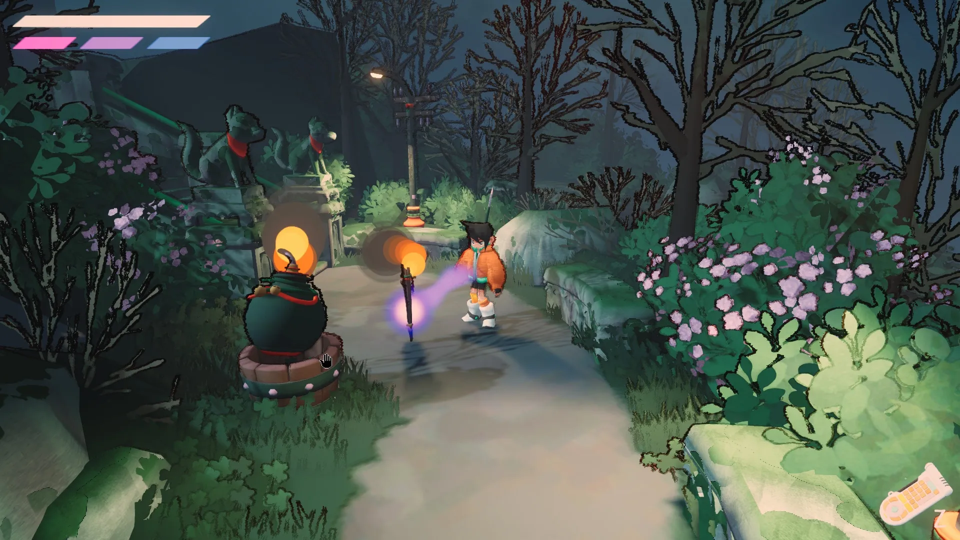 FREERIDE: Character with telekinesis in a mystical forest pathway, surrounded by glowing statues.