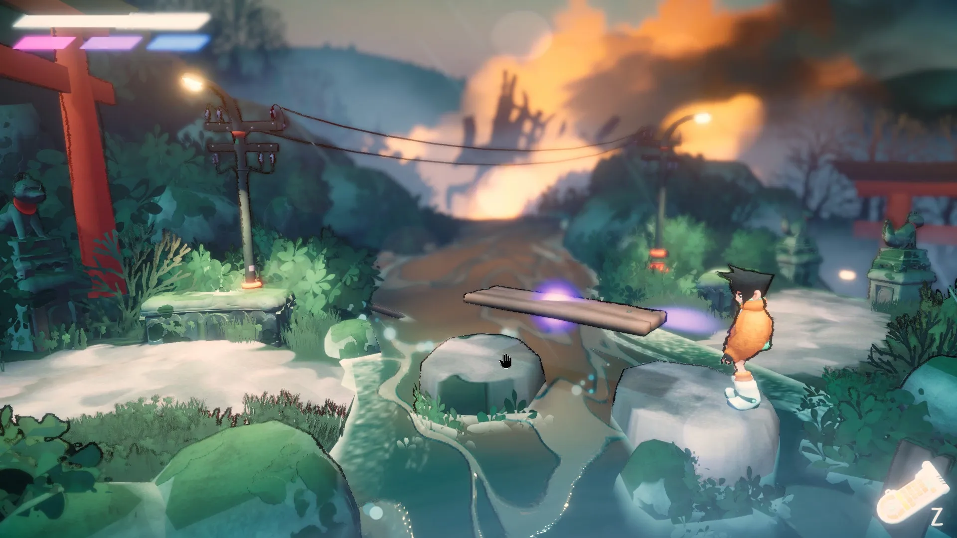 FREERIDE: Character stands on stone path in mystical forest with glowing portal and distant ruins