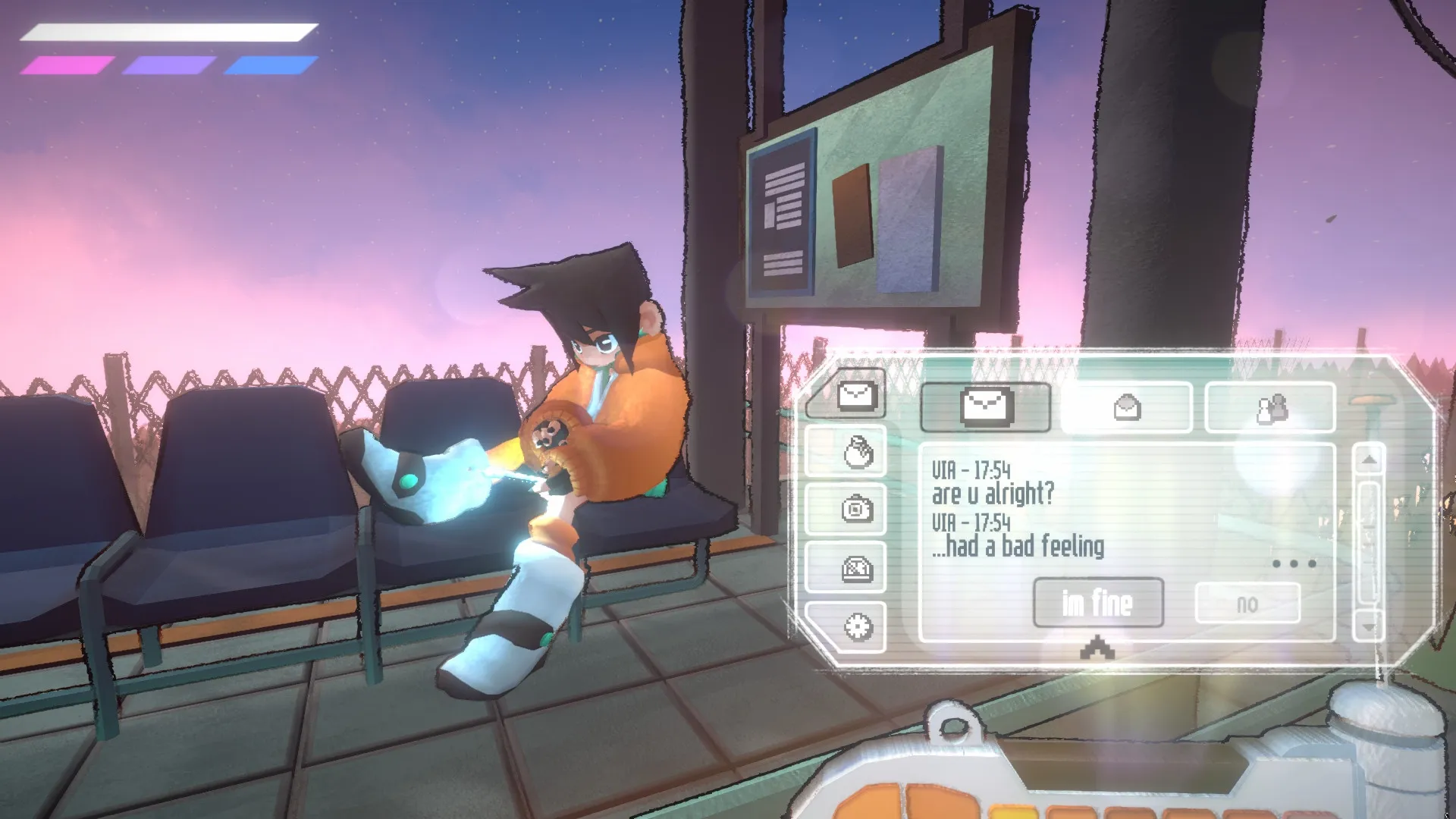 FREERIDE: Character sits on train station bench with chat interface, sunset sky in the background