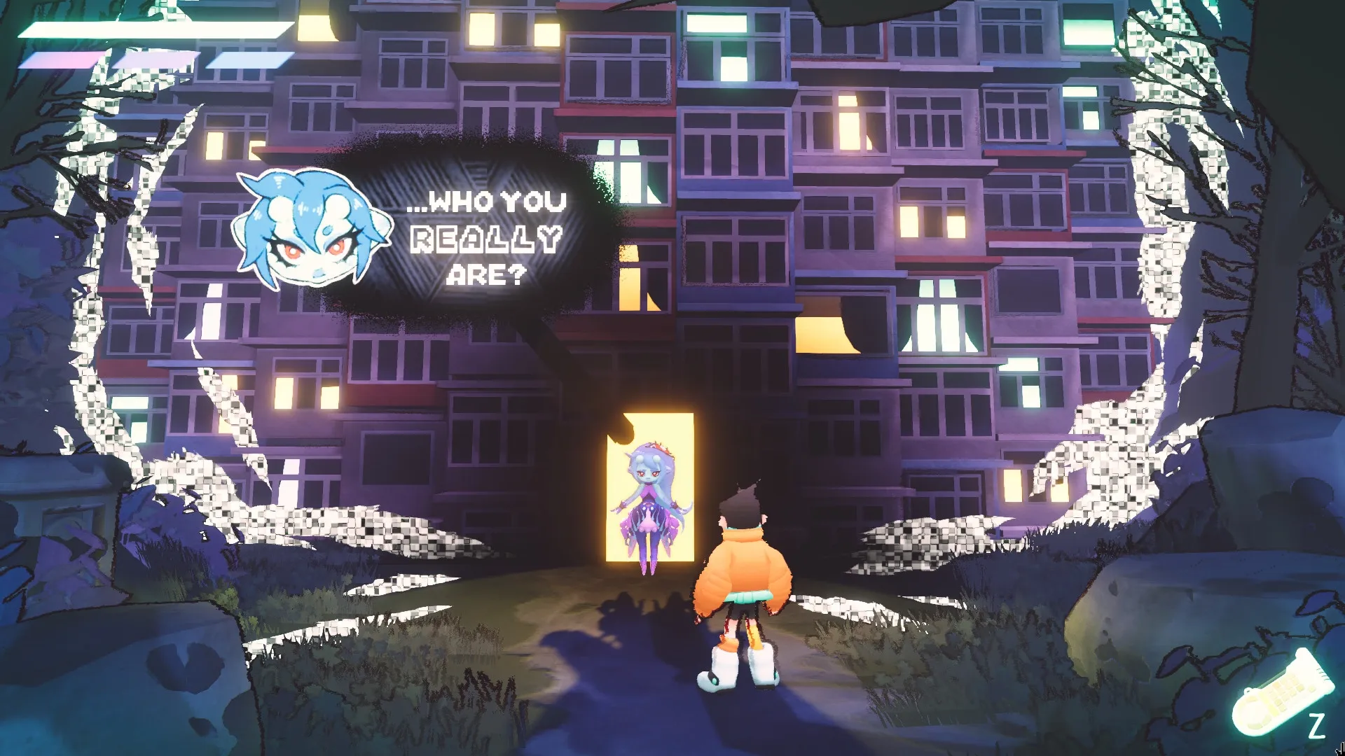 FREERIDE: Character encounters spirit at glowing doorway, text reads "Who you really are?" in courtyard.
