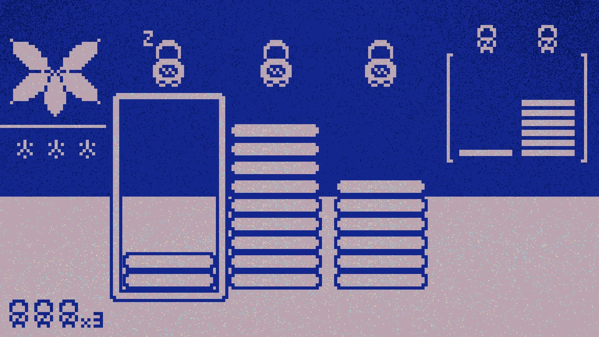 FREEZIA: Pixelated interface with cryosleep management icons and status bars on a blue background.
