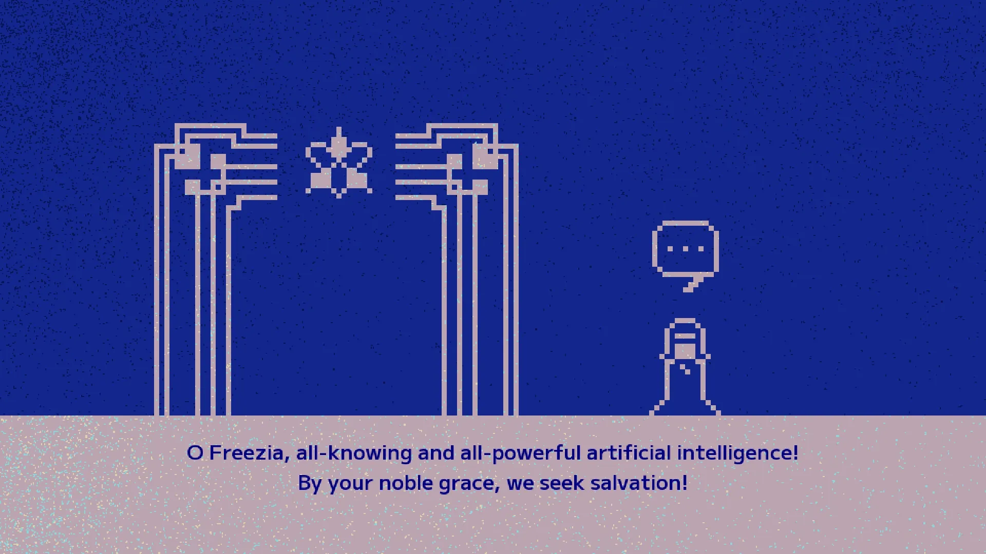 FREEZIA: Dialogue scene with pixel art character and circuit design on a blue background