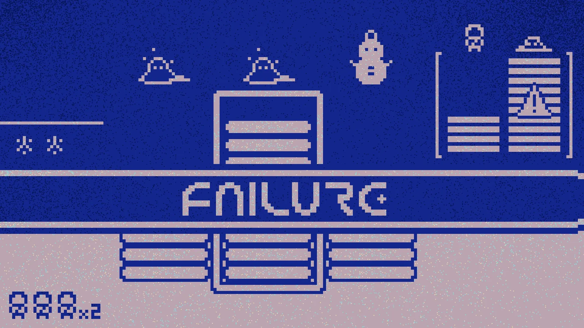 FREEZIA: Game over screen with pixel art spaceship and "FAILURE" text in a blue and gray interface.
