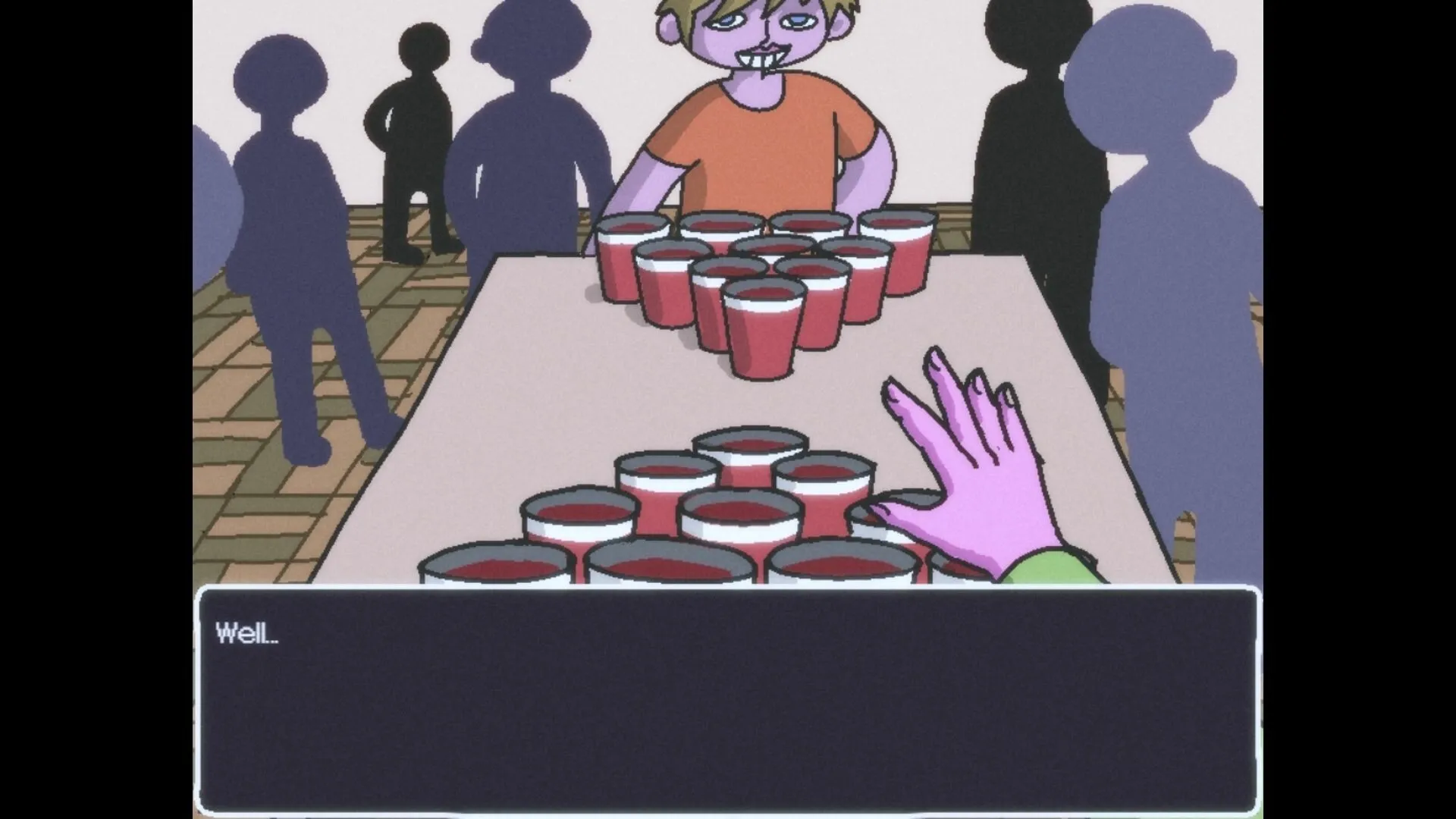 Friday at Ours: Player reaching for a cup on a table set for beer pong at a party with shadowy figures.