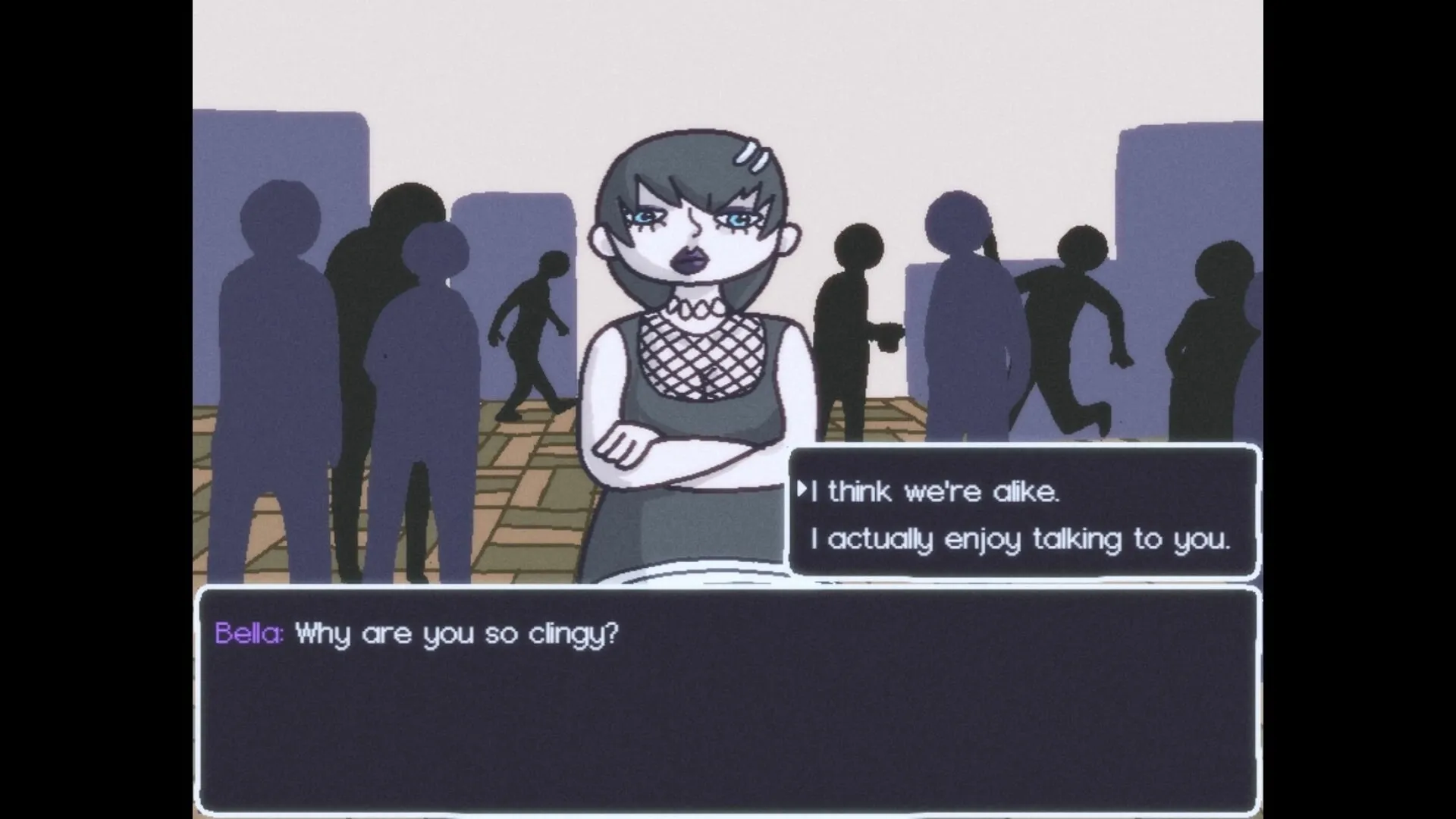 Friday at Ours: Character Bella questions player at party, dialogue choices visible on screen.