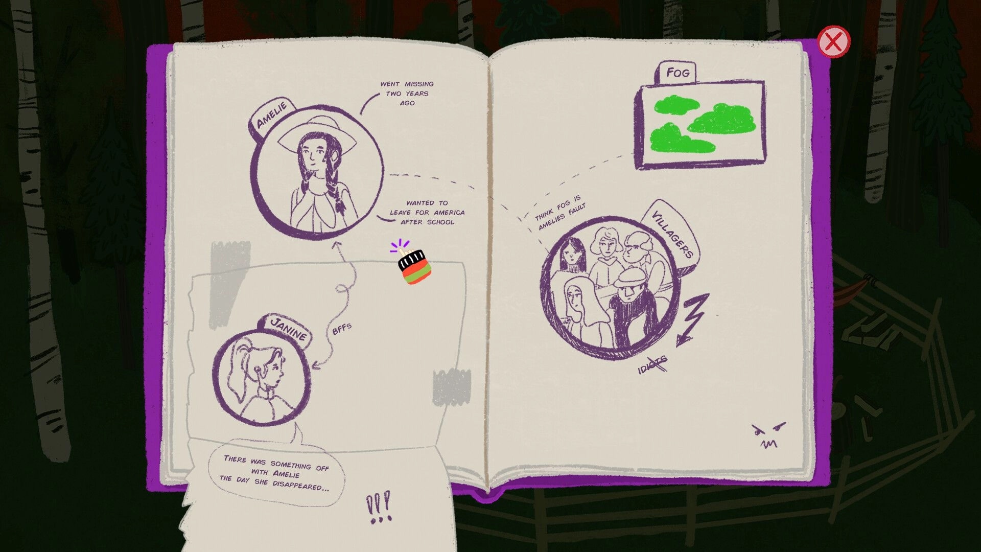 Frieda is Changing: Investigating notebook with sketches of Amelie, Janine, villagers, and fog clues
