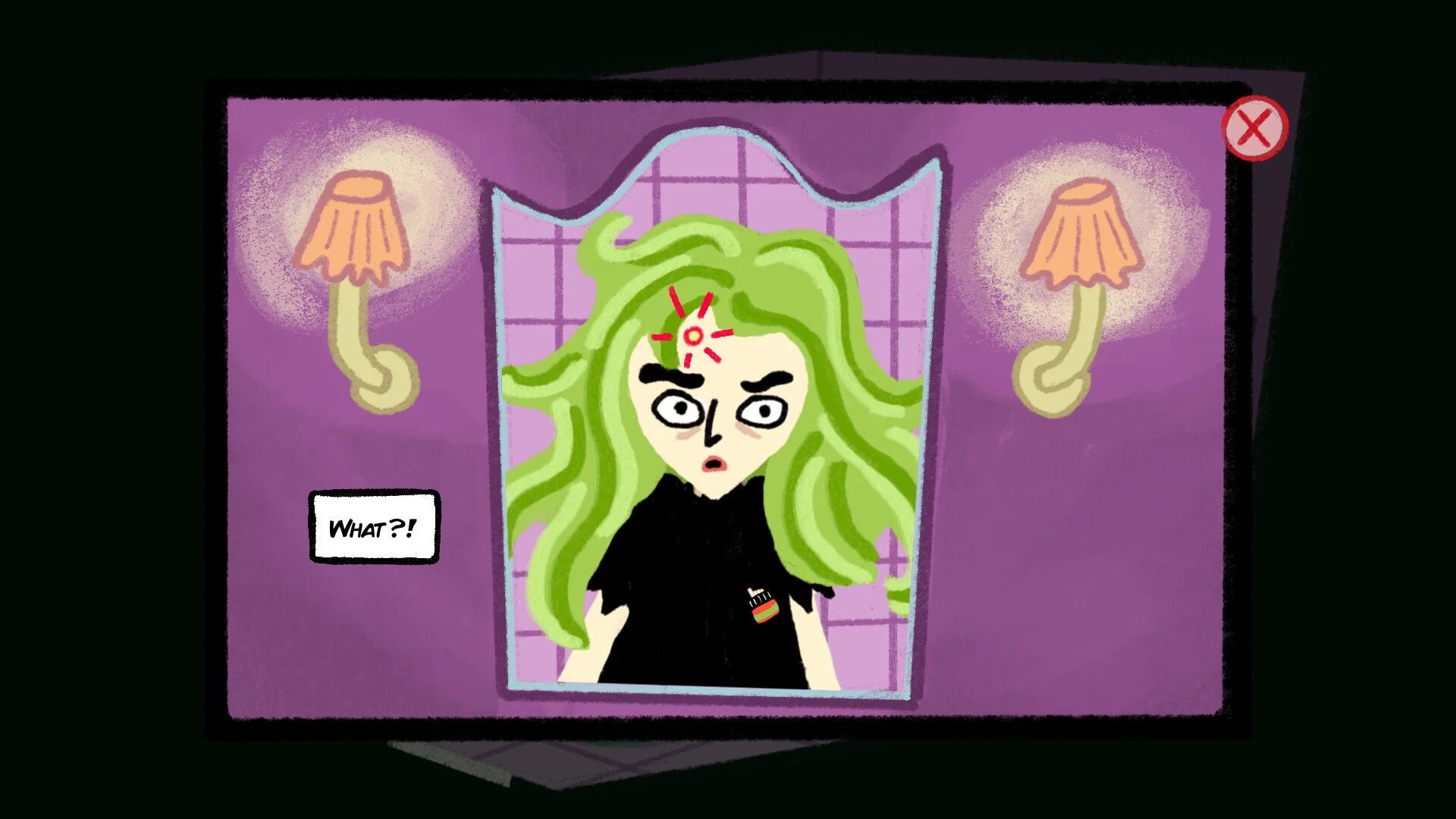 Frieda is Changing: Frieda shocked in mirror with green hair and red symbol, surrounded by purple walls