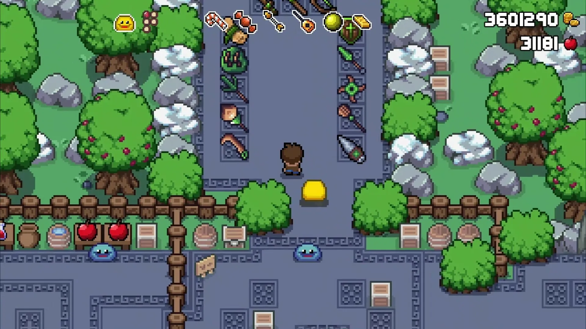 Friend of a Slime: Character and slime in weapon shop surrounded by trees and stone paths