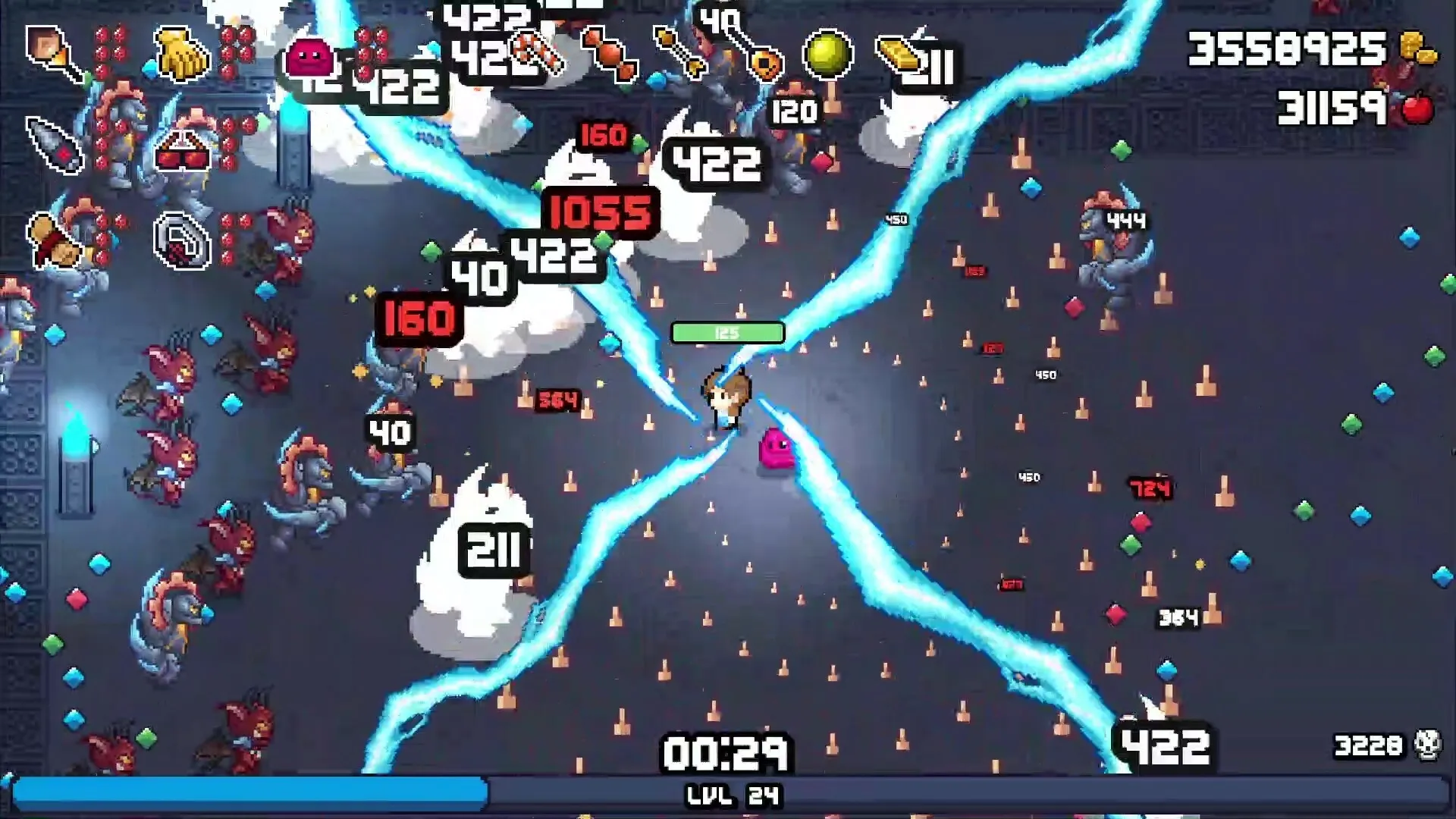 Friend of a Slime: Player and slime companion battle enemies with lightning in dungeon arena
