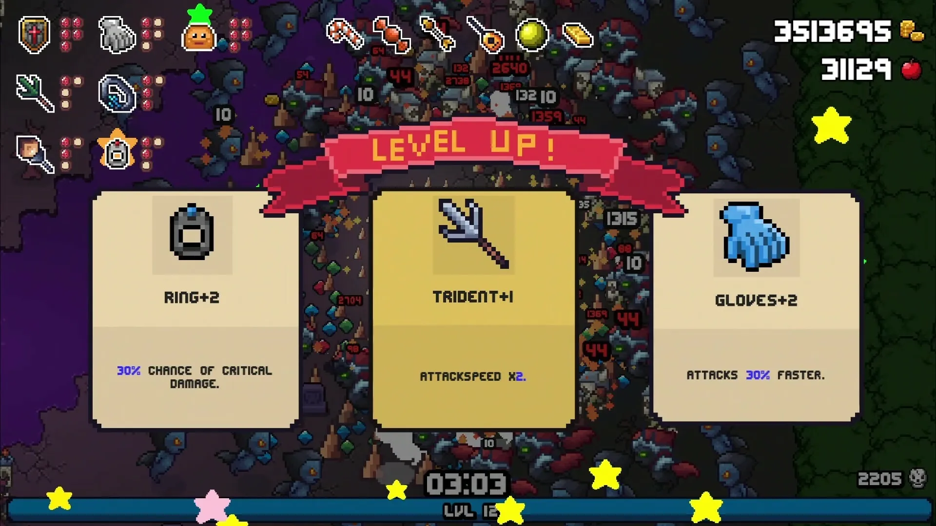 Friend of a Slime: Level up selection with Ring+2, Trident+1, and Gloves+2 amidst enemy horde combat.