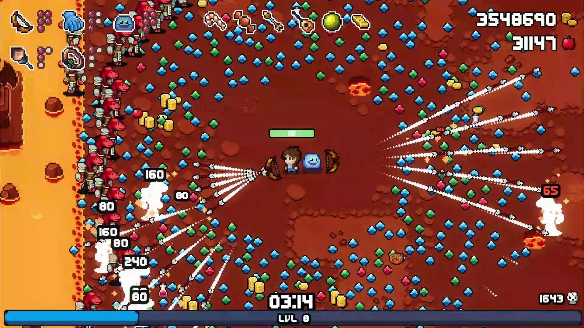 Friend of a Slime: Player and slime companion battling enemies amidst colorful gems in a fiery dungeon.
