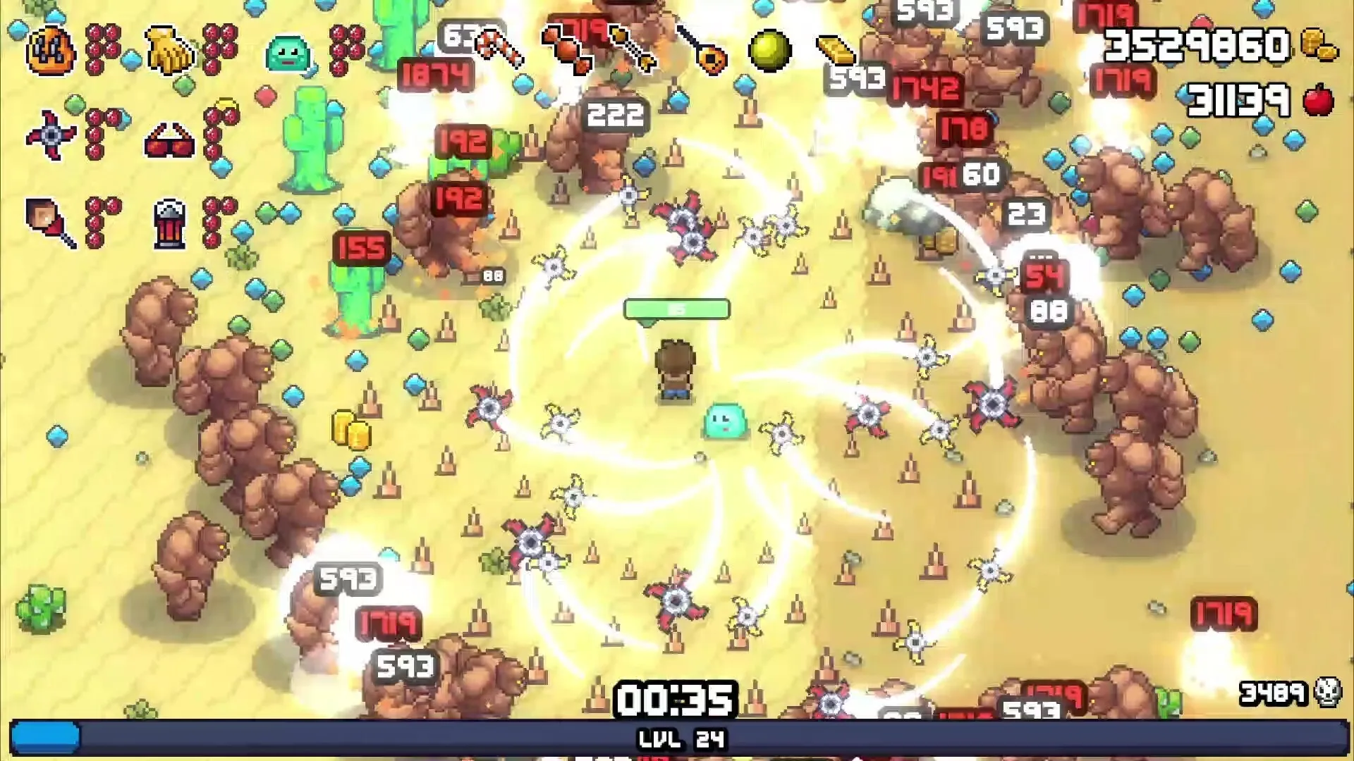 Friend of a Slime: Player and slime battle enemies in desert with health bars and level timer visible