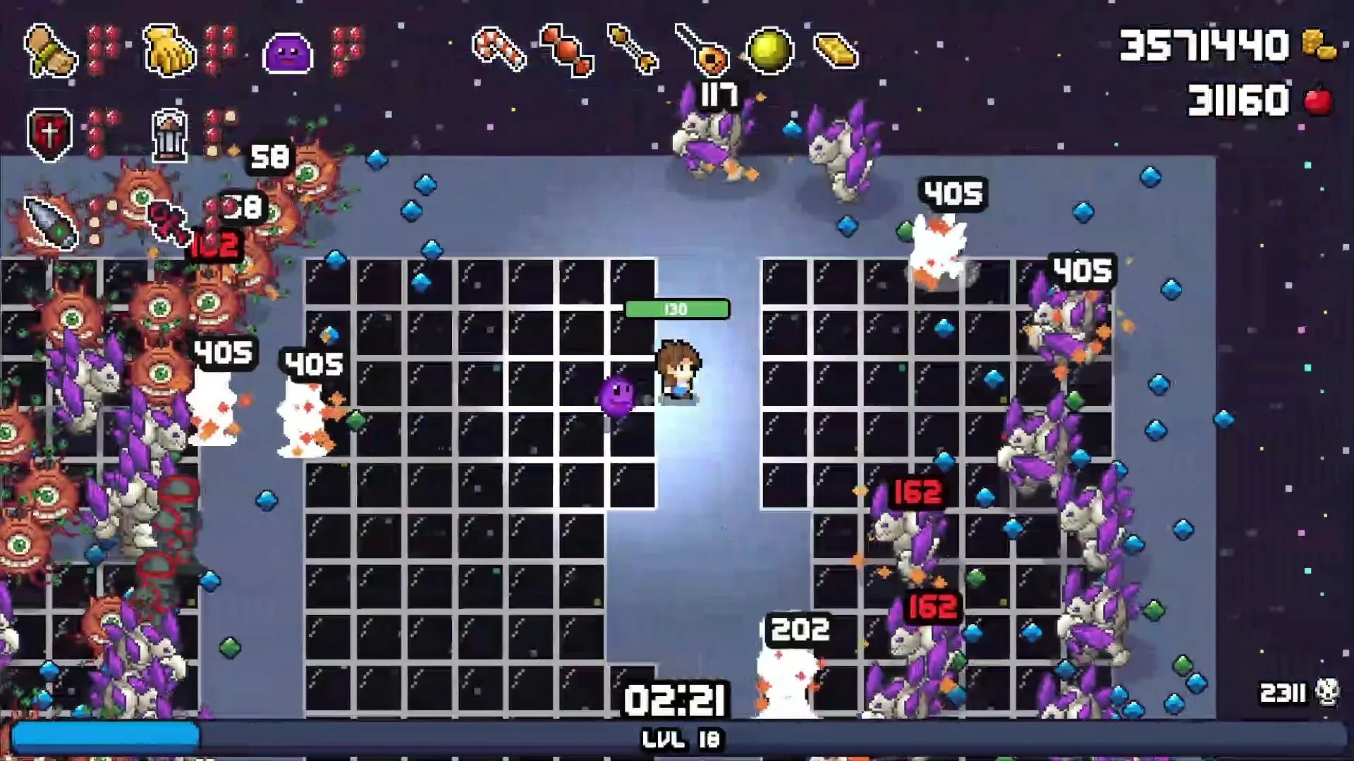 Friend of a Slime: Player and slime companion battle enemies on grid with health bars and timer displayed