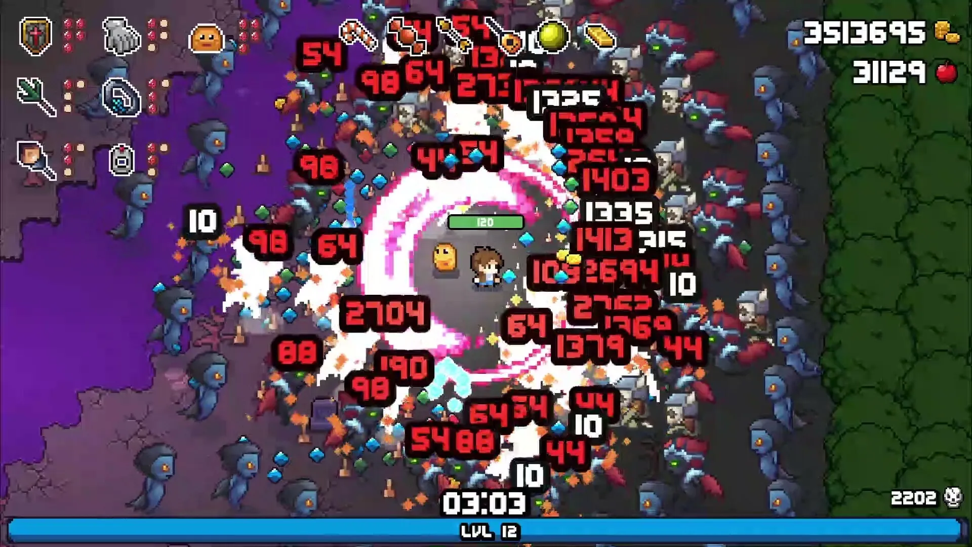 Friend of a Slime: Player and slime ally surrounded by enemy horde with damage numbers in dark dungeon