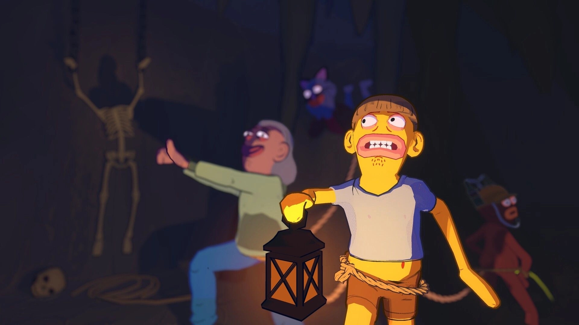 Friendly Steps: Drunk friends tied by rope, one holding a lantern in a dark cave with skeletons.