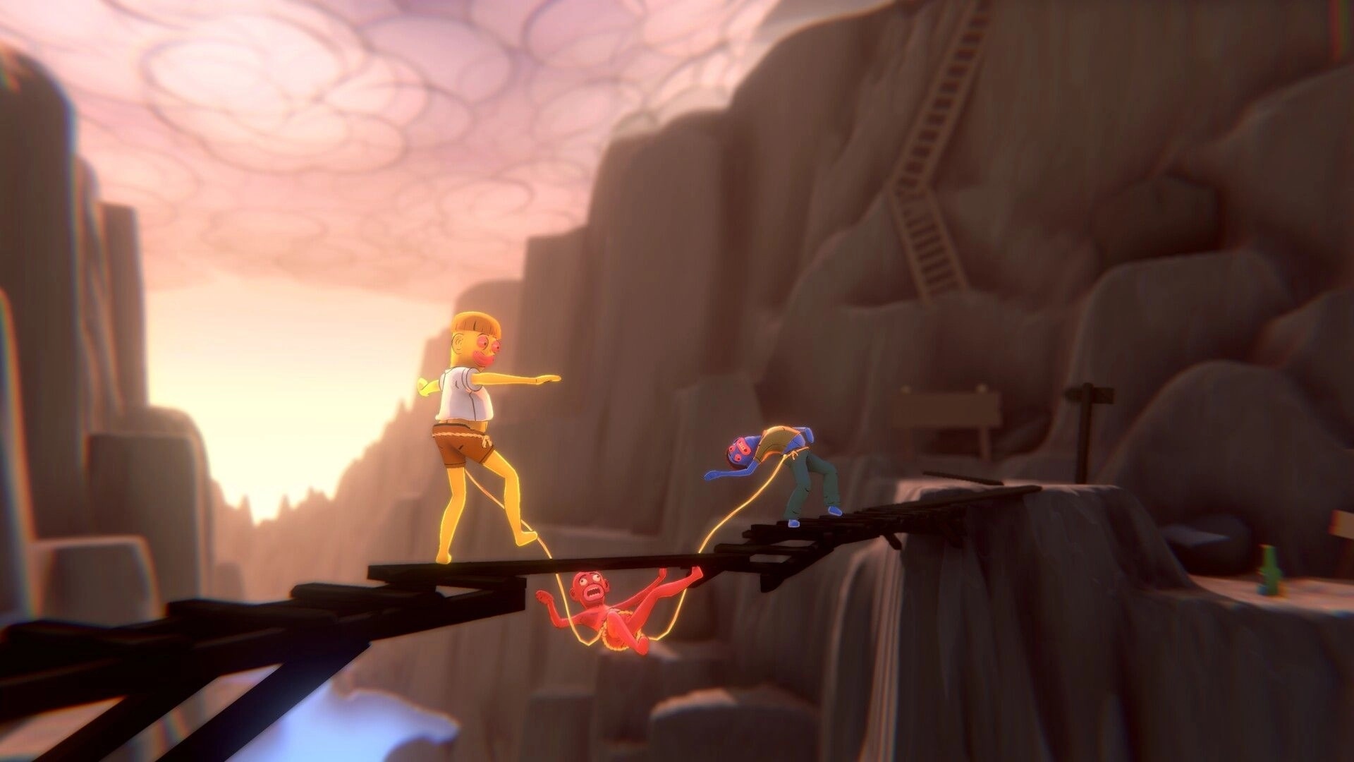 Friendly Steps: Three rope-linked friends wobble on a broken bridge over a canyon at sunset.