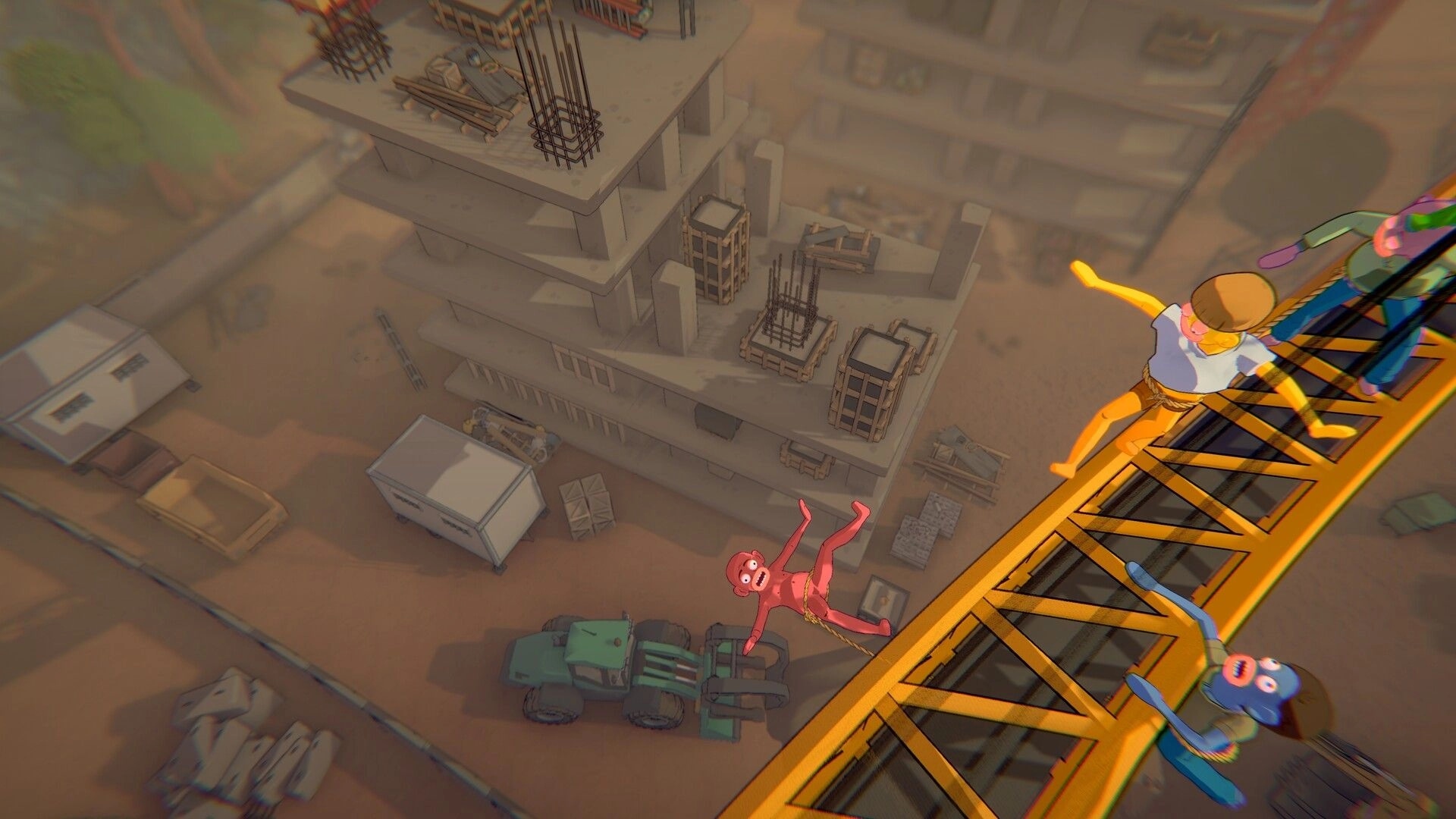 Friendly Steps: Three rope-linked friends flail on a crane above a dusty construction site and tower.