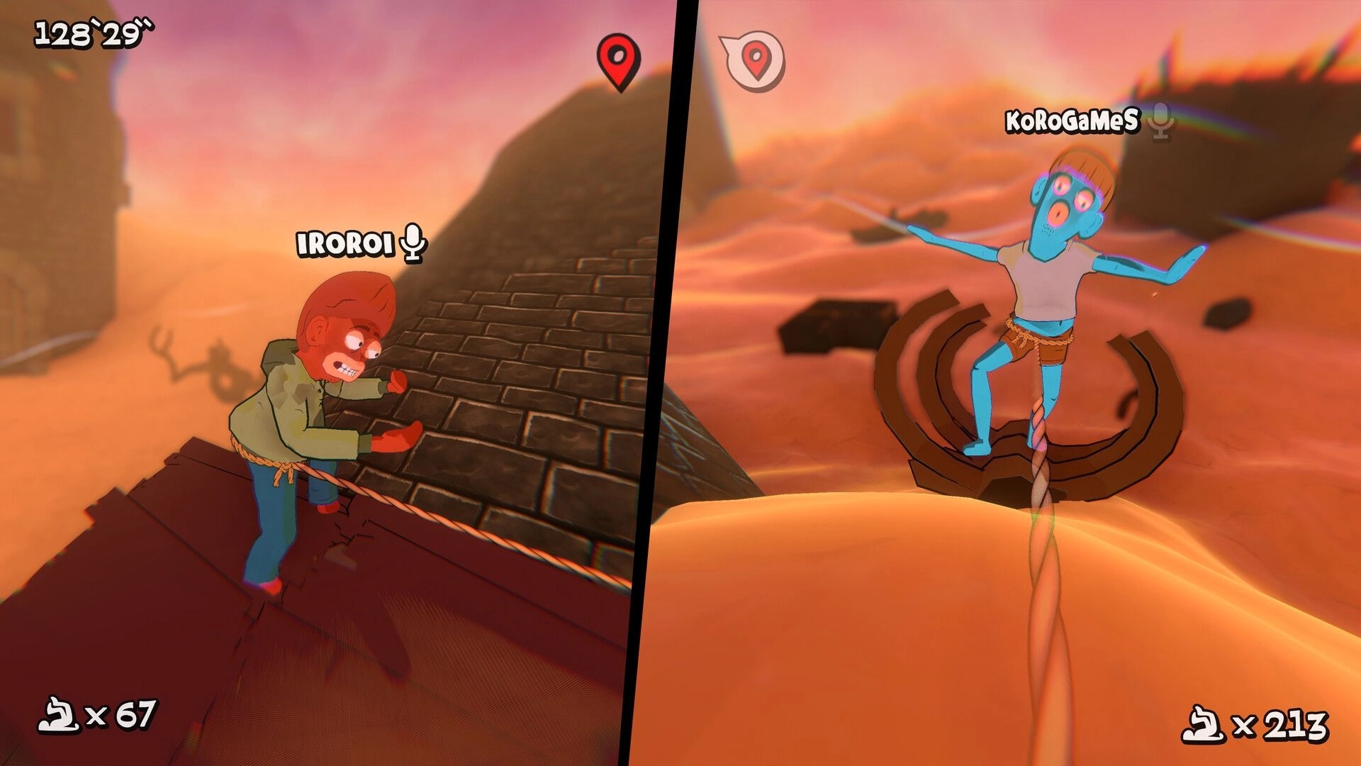 Friendly Steps: Split-screen rope-linked players balancing on ruins and sand dunes at sunset desert map.
