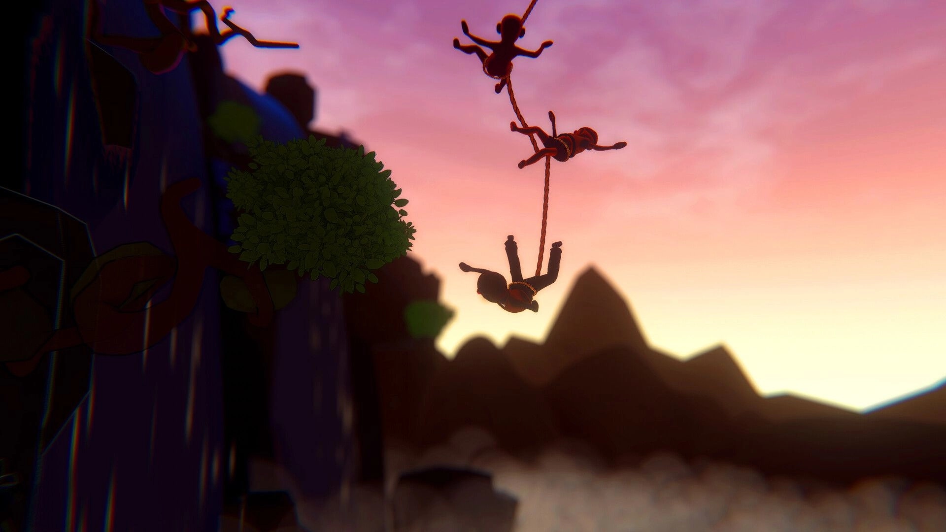 Friendly Steps: Three ragdoll friends tied by rope swing in midair over a rocky cliff at sunset.