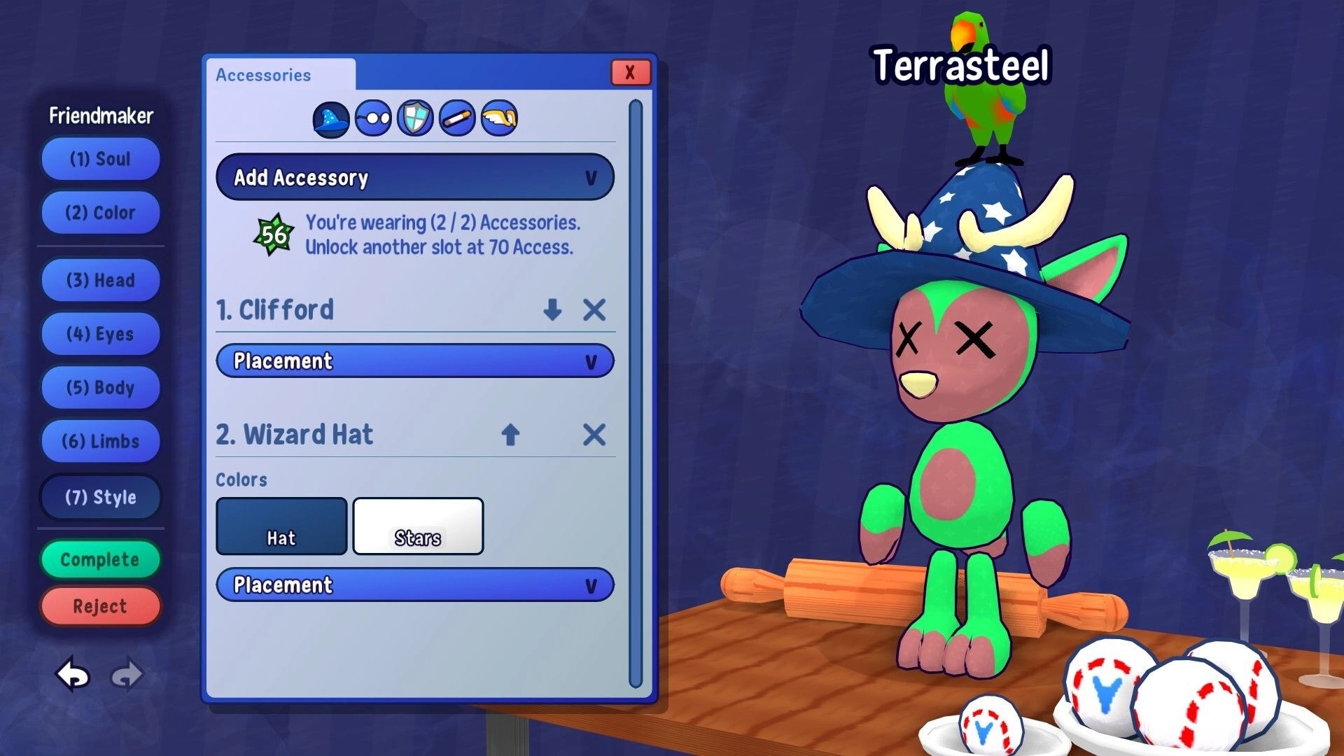 FriendOS: Avatar customization menu adding accessories, wizard hat and pet bird on a wooden table.
