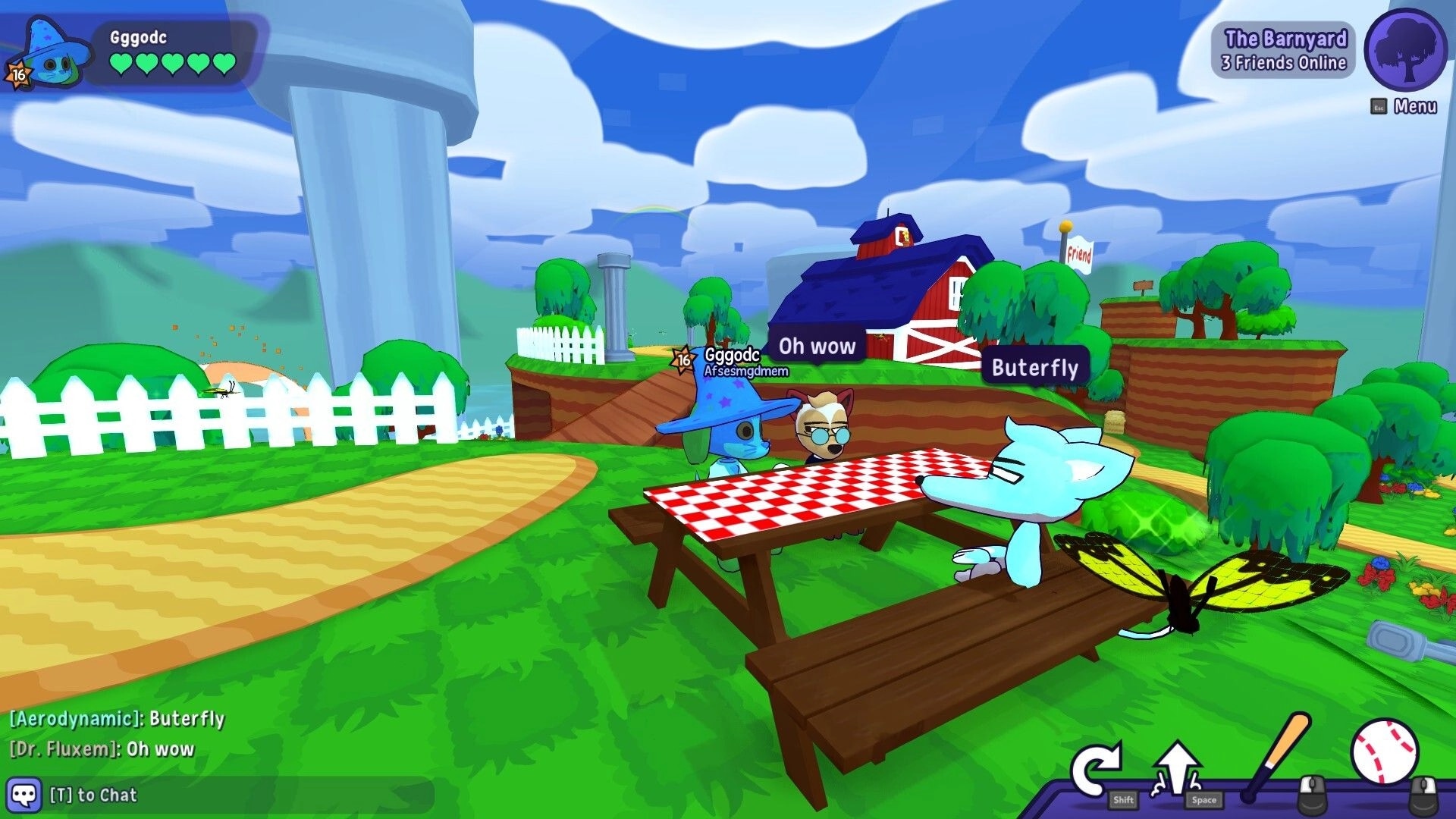 FriendOS: Players chat by a picnic table in The Barnyard lobby, with health hearts and chat UI visible.