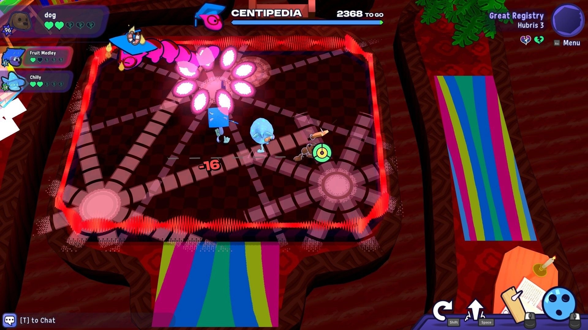 FriendOS: Players fight Centipedia boss in a red arena with hazards, party HUD and damage numbers visible.