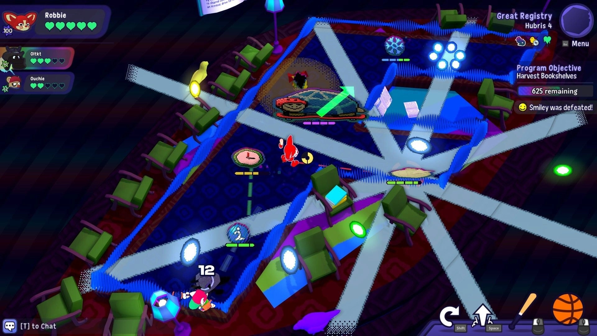 FriendOS: Top-down lobby arena with spotlights, chairs, and objective UI to harvest bookshelves.