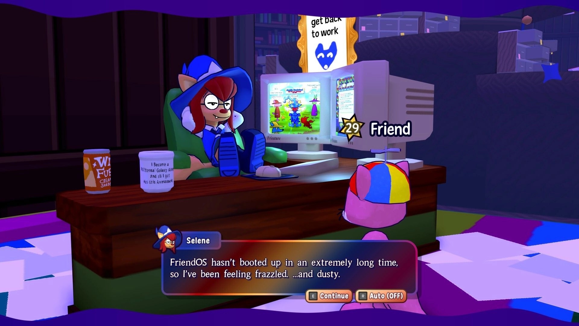 FriendOS: Selene talks in dialogue box at desk with old PC and Friend rank badge in office room.
