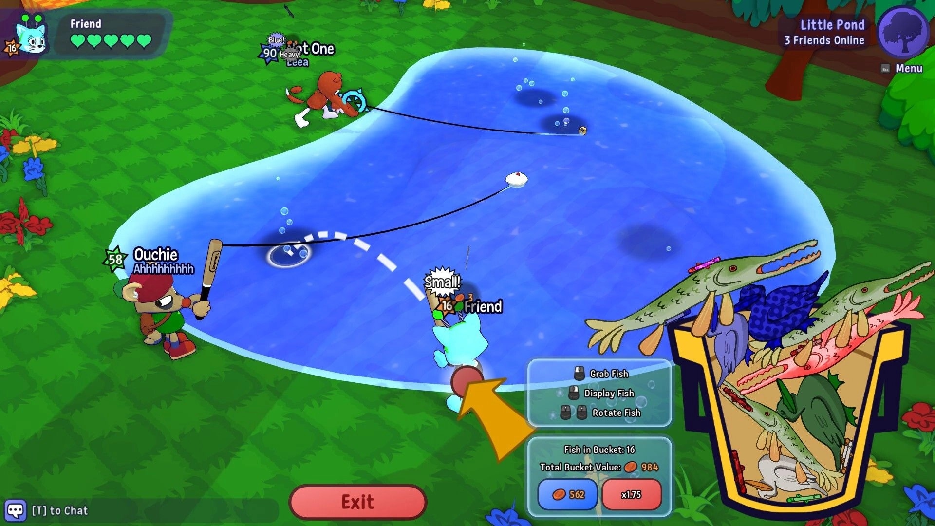 FriendOS: Players fishing at Little Pond with bobbers on water, fish bucket menu and stats visible.