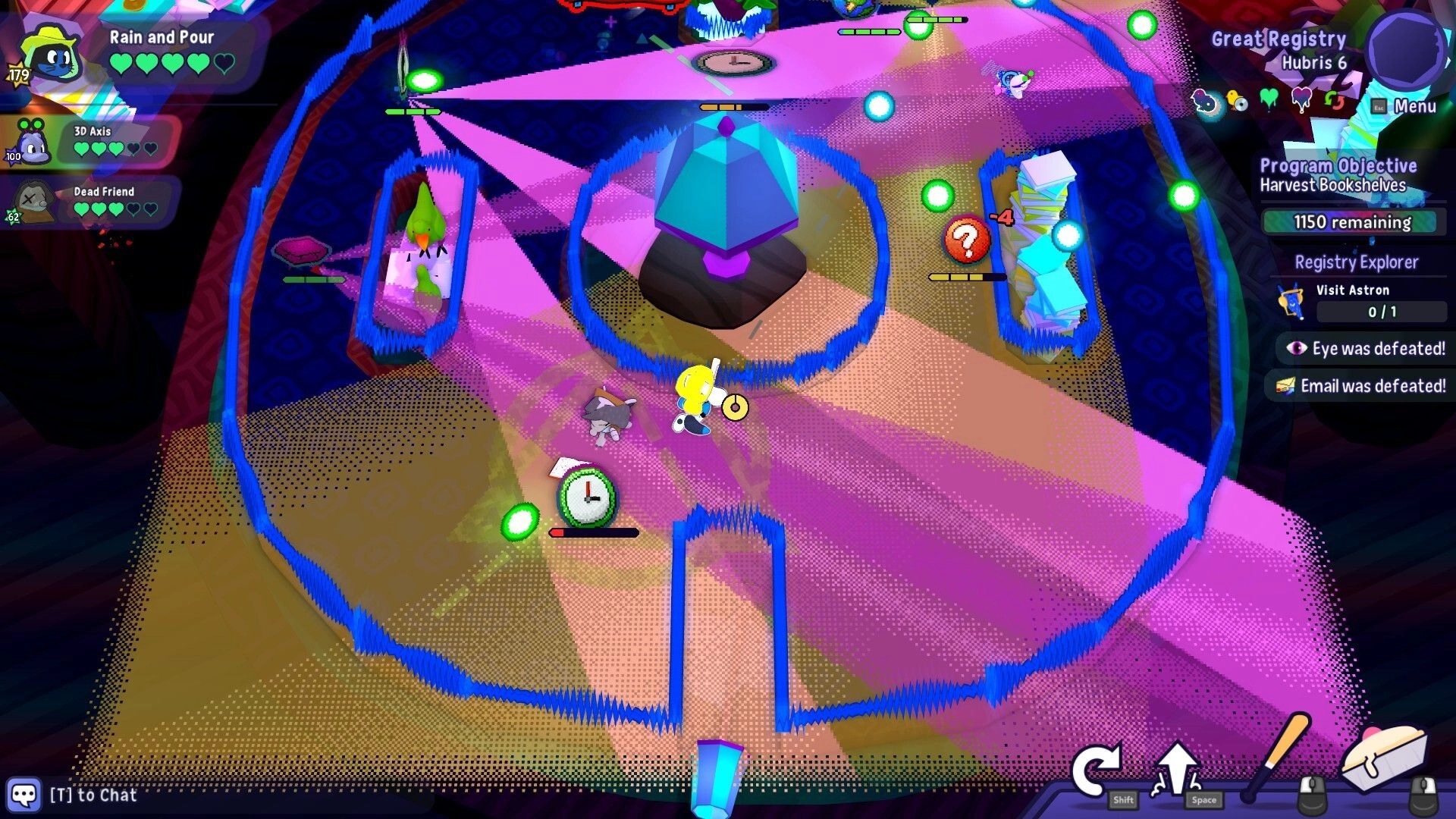 FriendOS: Player avatar battles a clock enemy near a crystal pedestal in Great Registry arena UI visible.