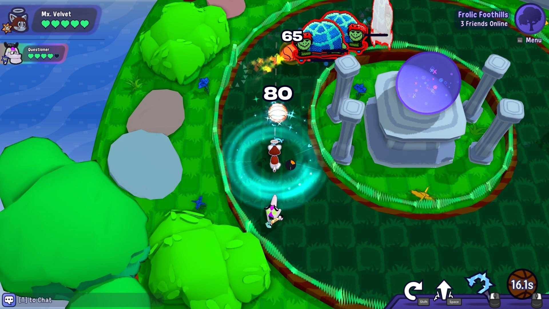 FriendOS: Mx. Velvet fights turtle enemies as damage numbers pop up in Frolic Foothills arena.