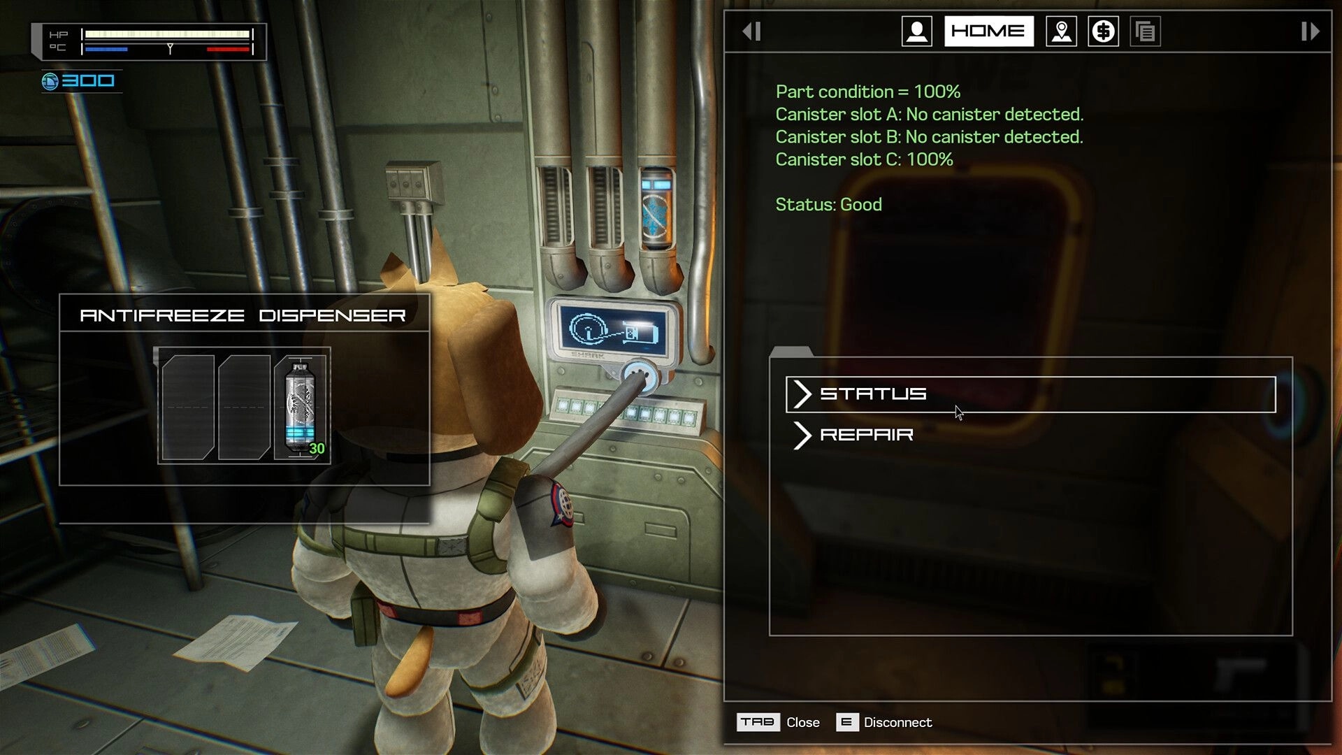 Fright Train: Player uses antifreeze dispenser status/repair menu inside a cramped, pipe-lined train room.