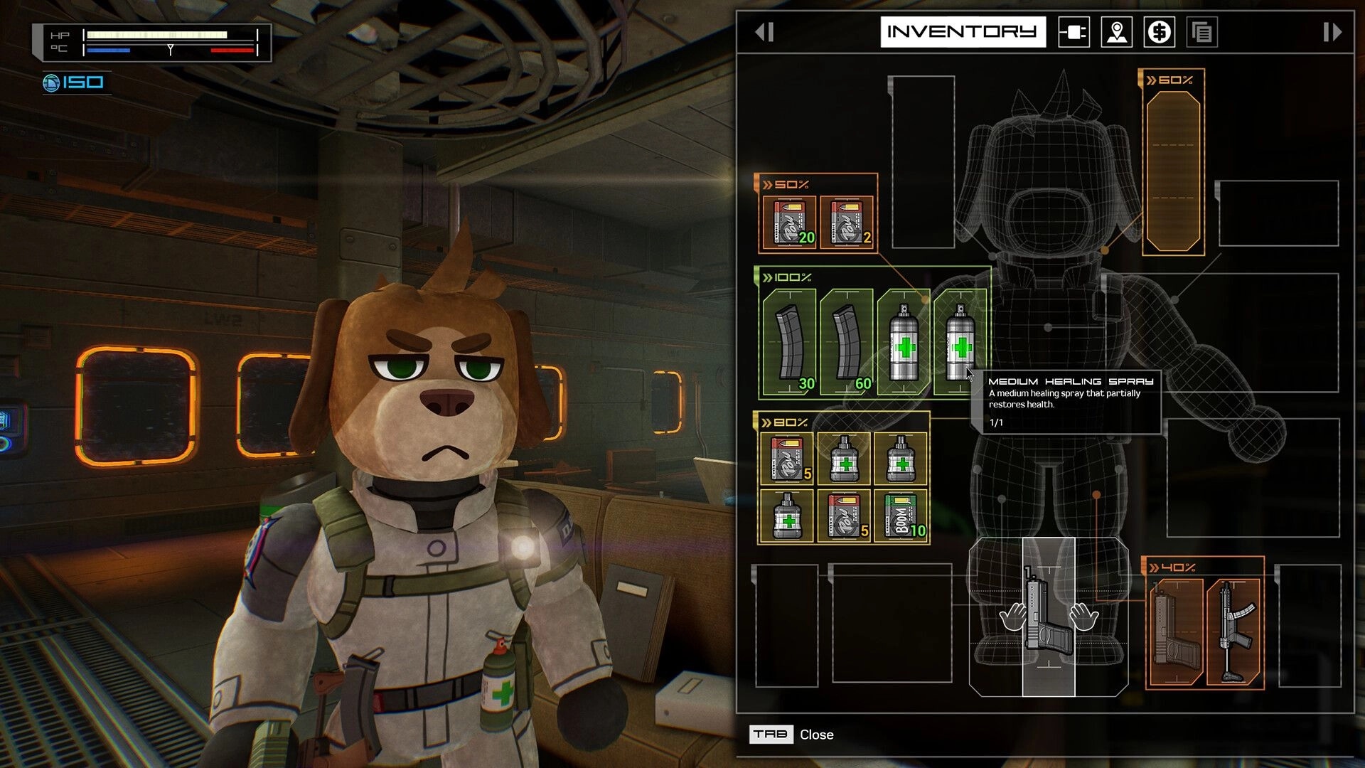 Fright Train: Inventory menu open beside dog-headed agent in a dim train car with health bars UI.