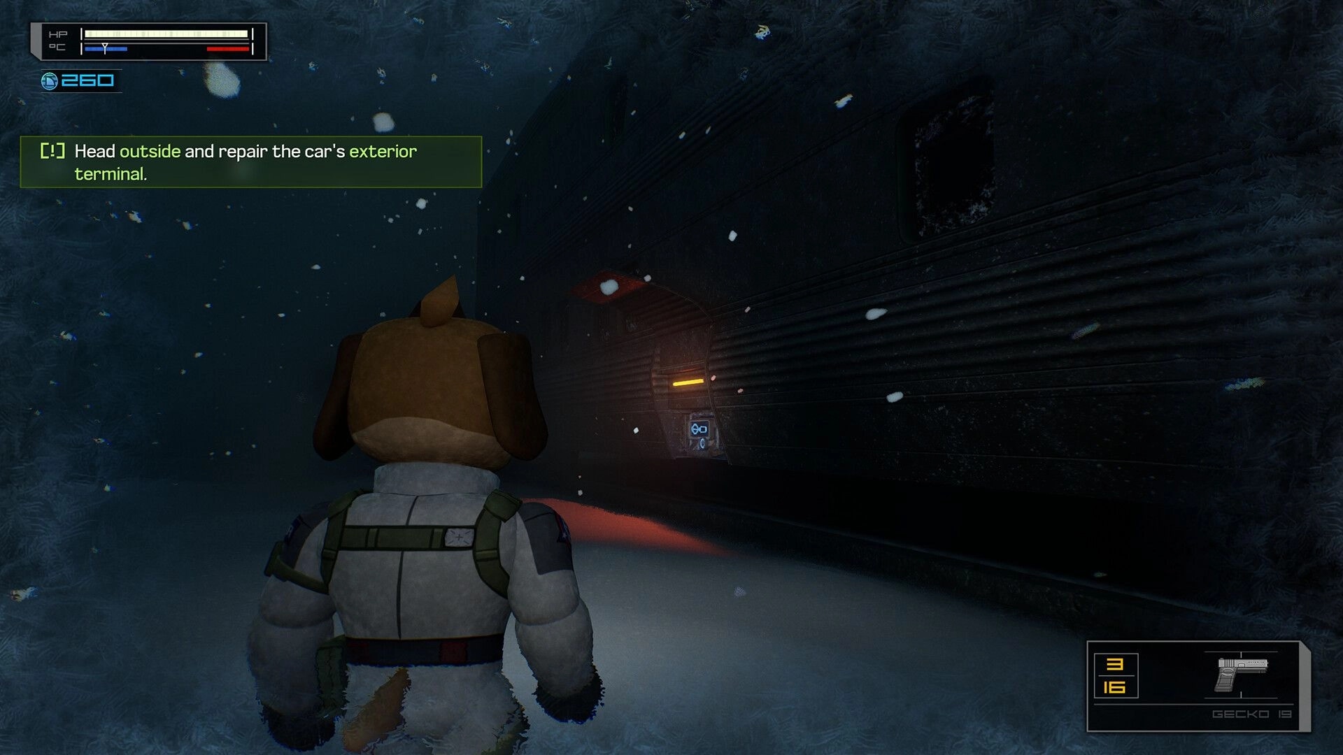 Fright Train: Third-person agent approaches icy train car exterior terminal amid blizzard, objective HUD up.