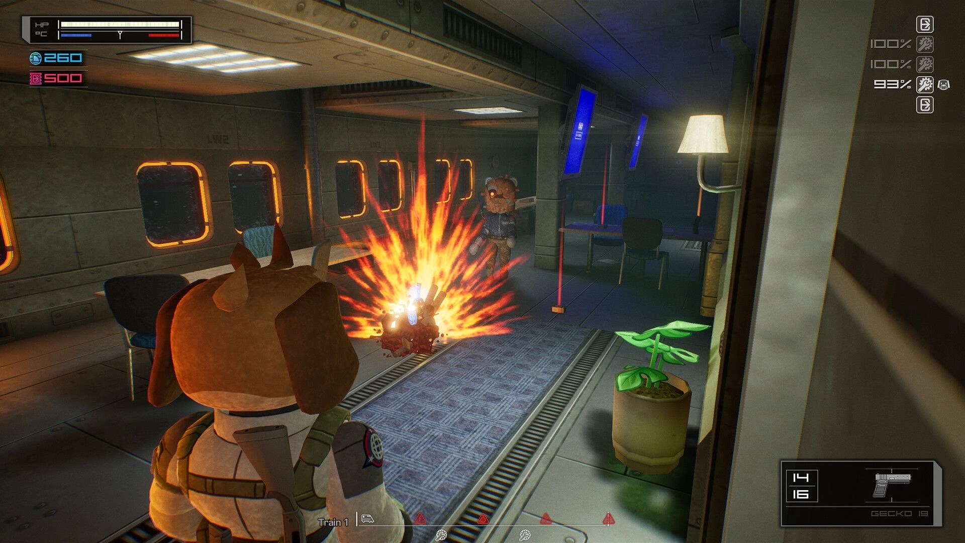 Fright Train: Third-person firefight as a masked agent blasts a monster inside a lit train car HUD visible.