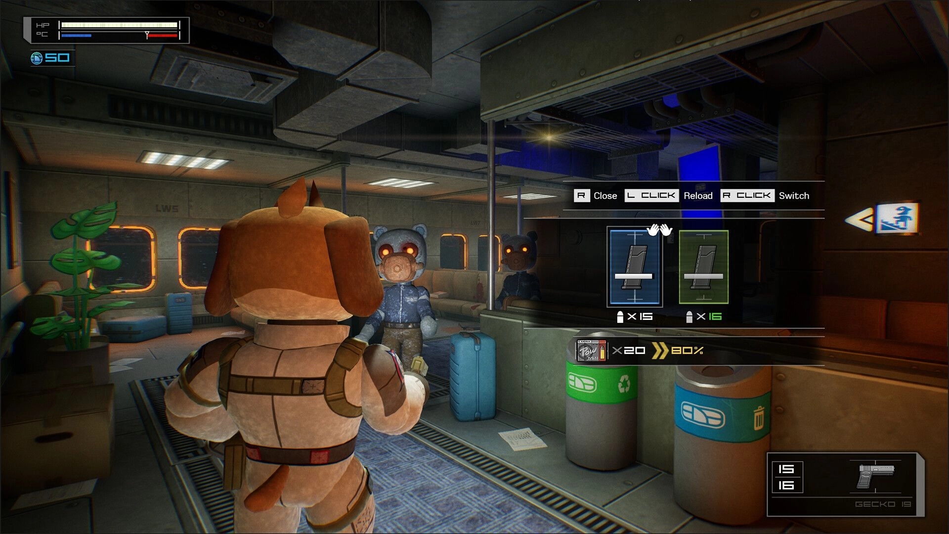 Fright Train: Third-person aiming at glowing-eyed teddy monsters in train car, ammo swap UI open.