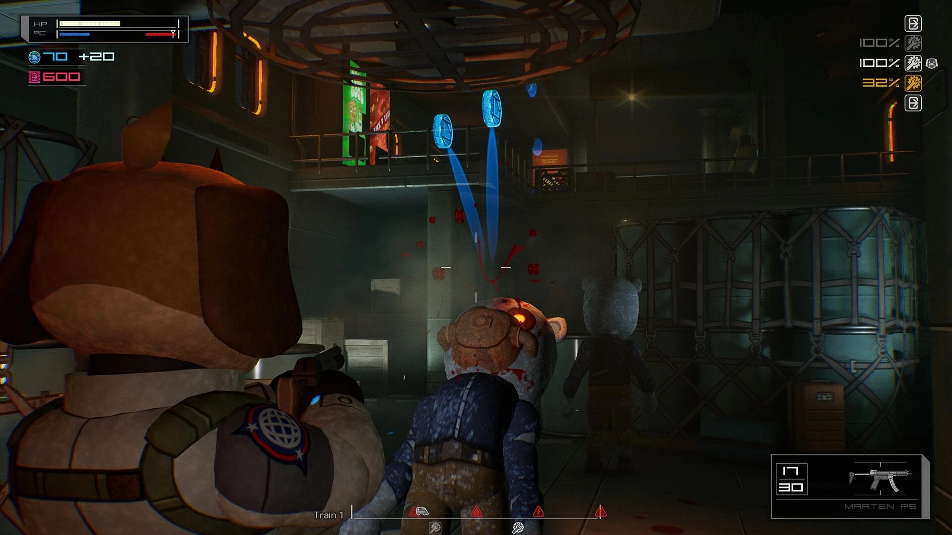 Fright Train: Third-person firefight with plush-suited agent aiming at foes inside a dim cargo bay car.