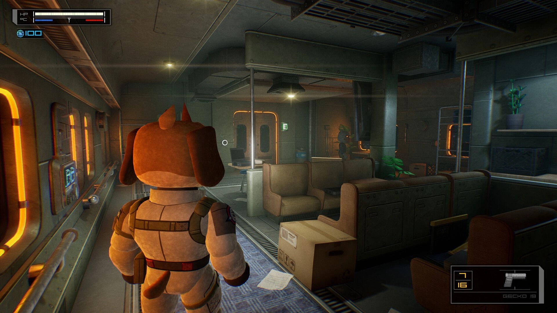 Fright Train: Third-person aiming in a train lounge with HP UI, pistol ammo counter, and seats ahead.