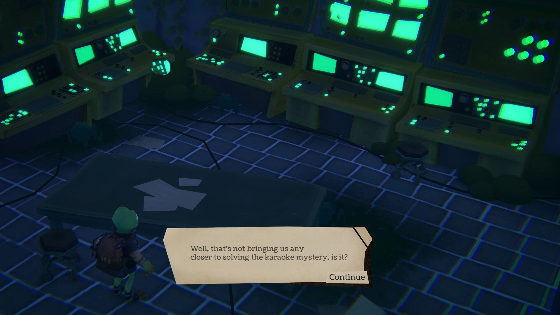 Frog Holm: Frog character by a dialogue box in a dim control room with glowing green monitors.