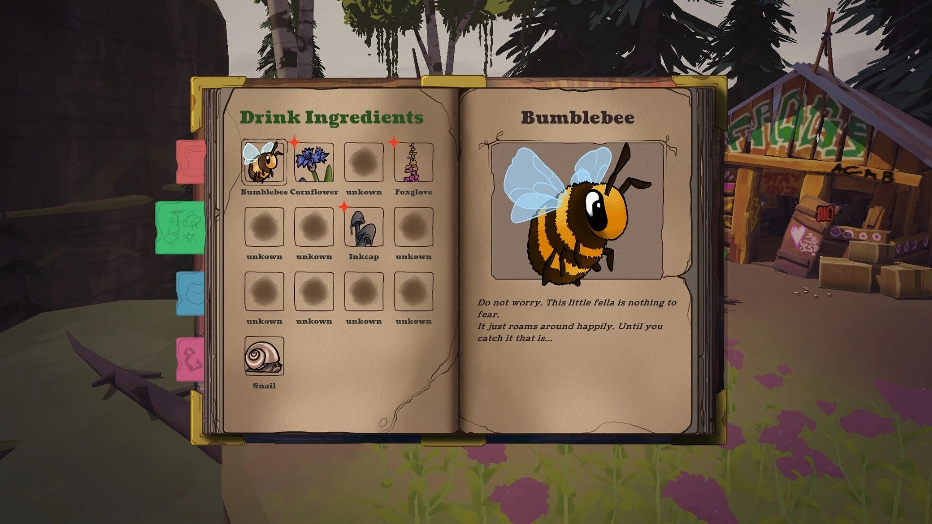Frog Holm: Drink ingredients journal open on Bumblebee entry in a forested fairground area.